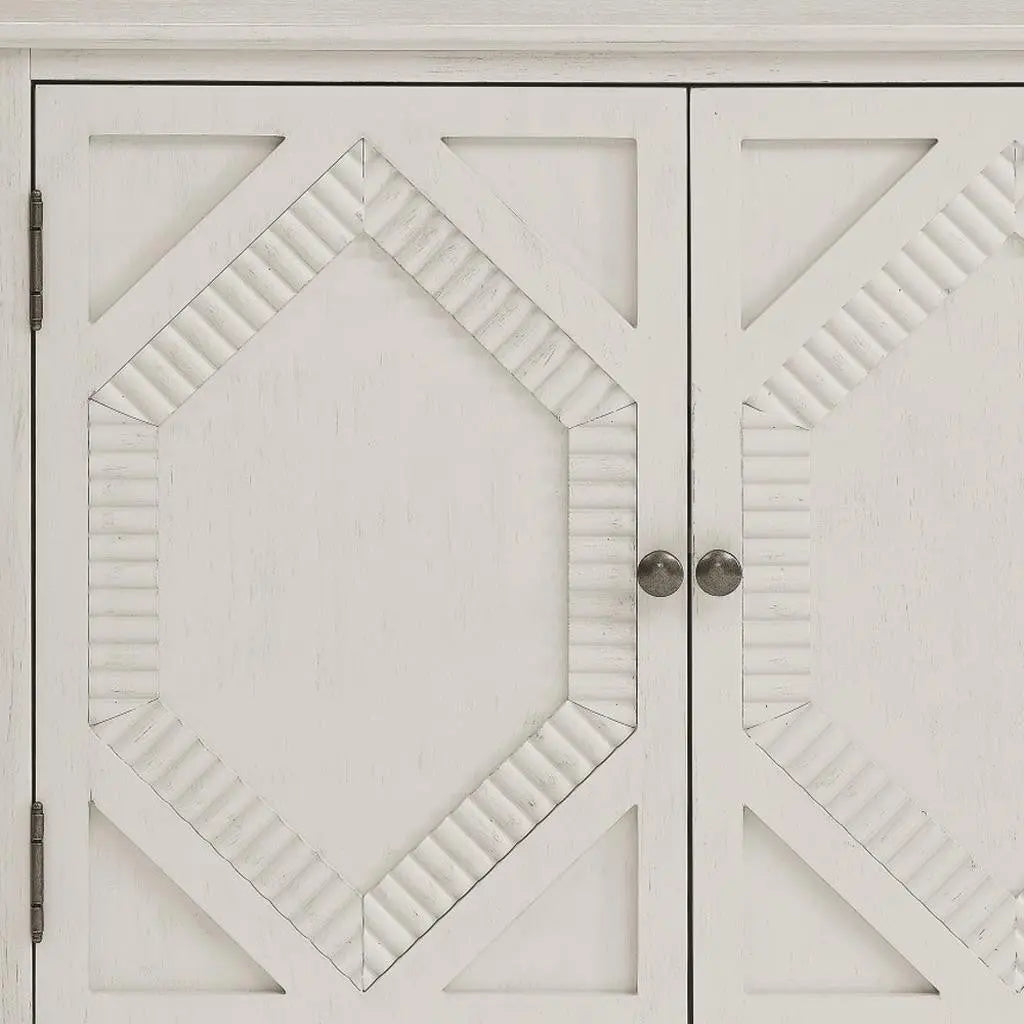 34" White Wood Carved Geometric Accent Cabinet With Two Doors Homeroots Kitchen & Dining