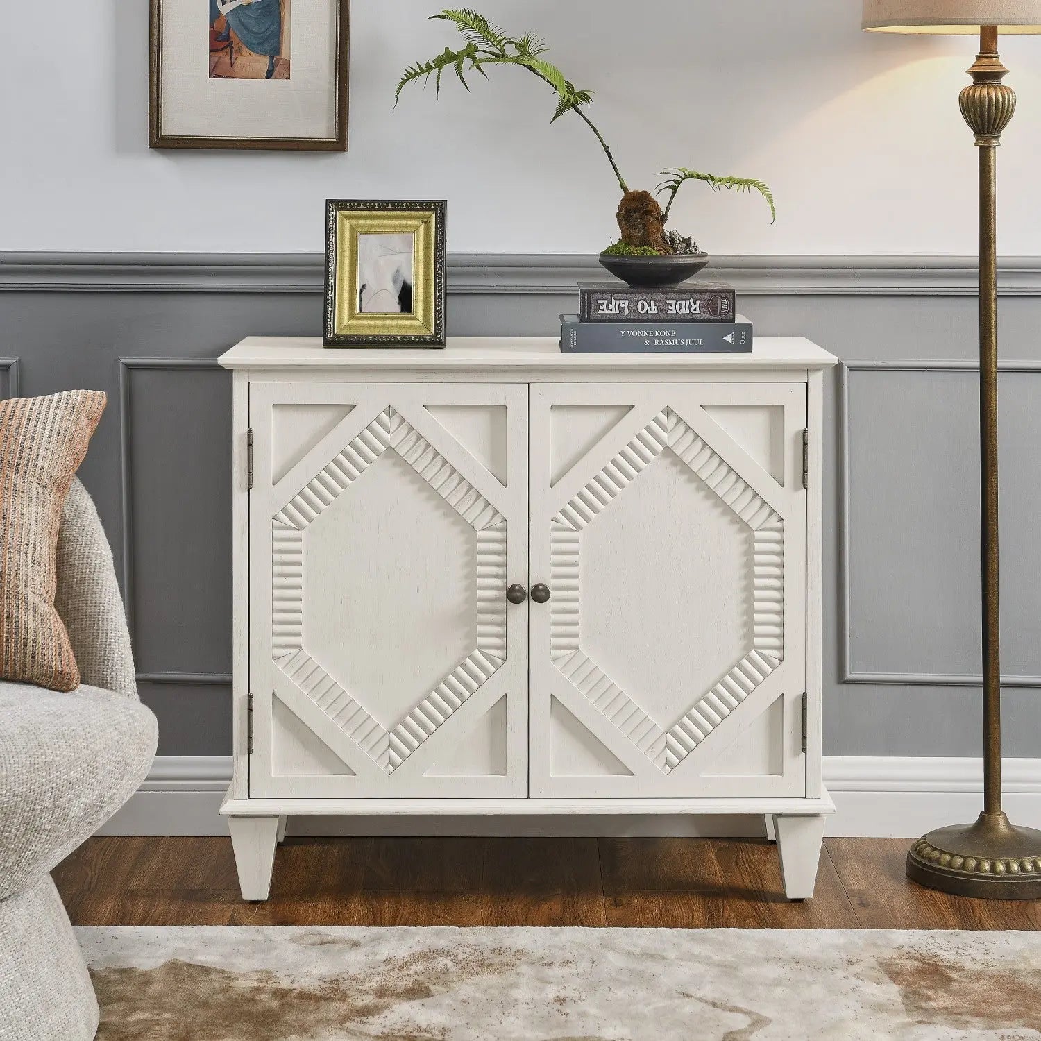 34" White Wood Carved Geometric Accent Cabinet With Two Doors Homeroots Kitchen & Dining