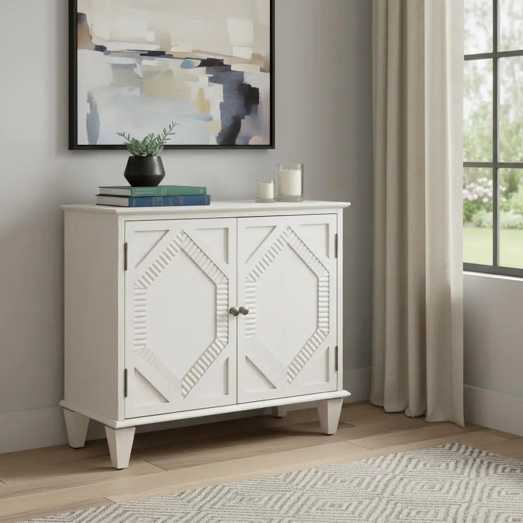 34" White Wood Carved Geometric Accent Cabinet With Two Doors Homeroots Kitchen & Dining