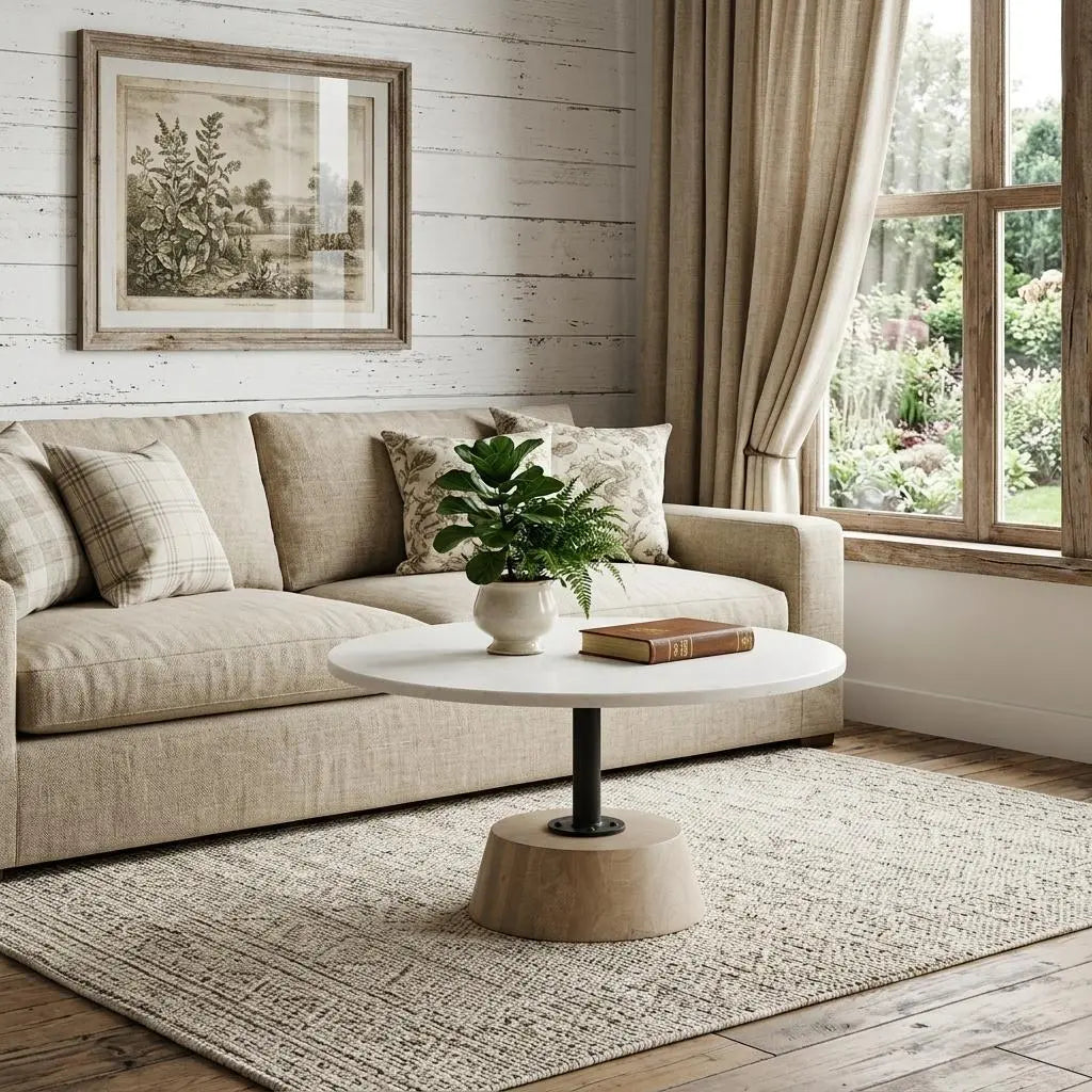 34" White and Brown Stone and Solid Wood Round Pedestal Coffee Table Homeroots Living Room