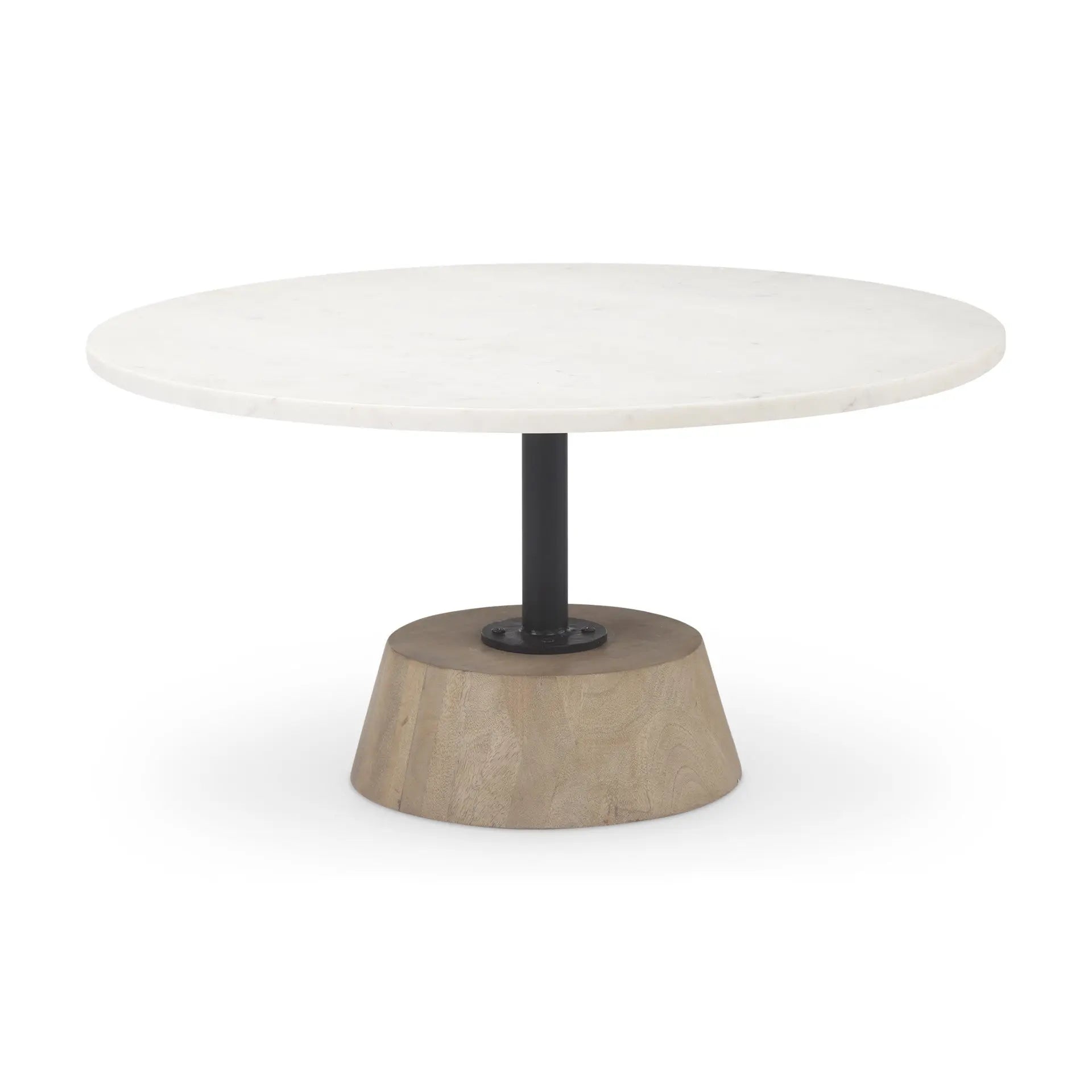 34" White and Brown Stone and Solid Wood Round Pedestal Coffee Table Homeroots Living Room