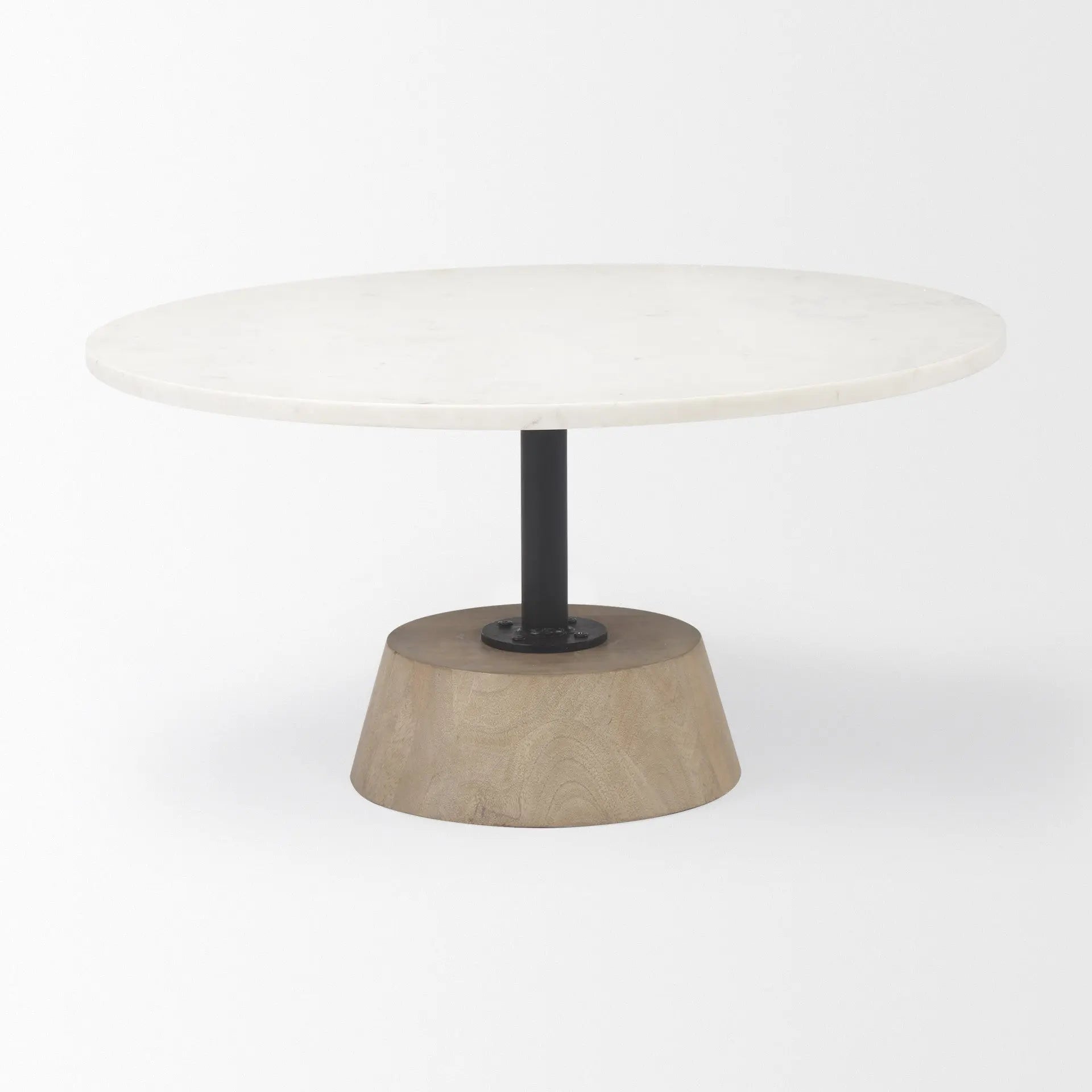 34" White and Brown Stone and Solid Wood Round Pedestal Coffee Table Homeroots Living Room
