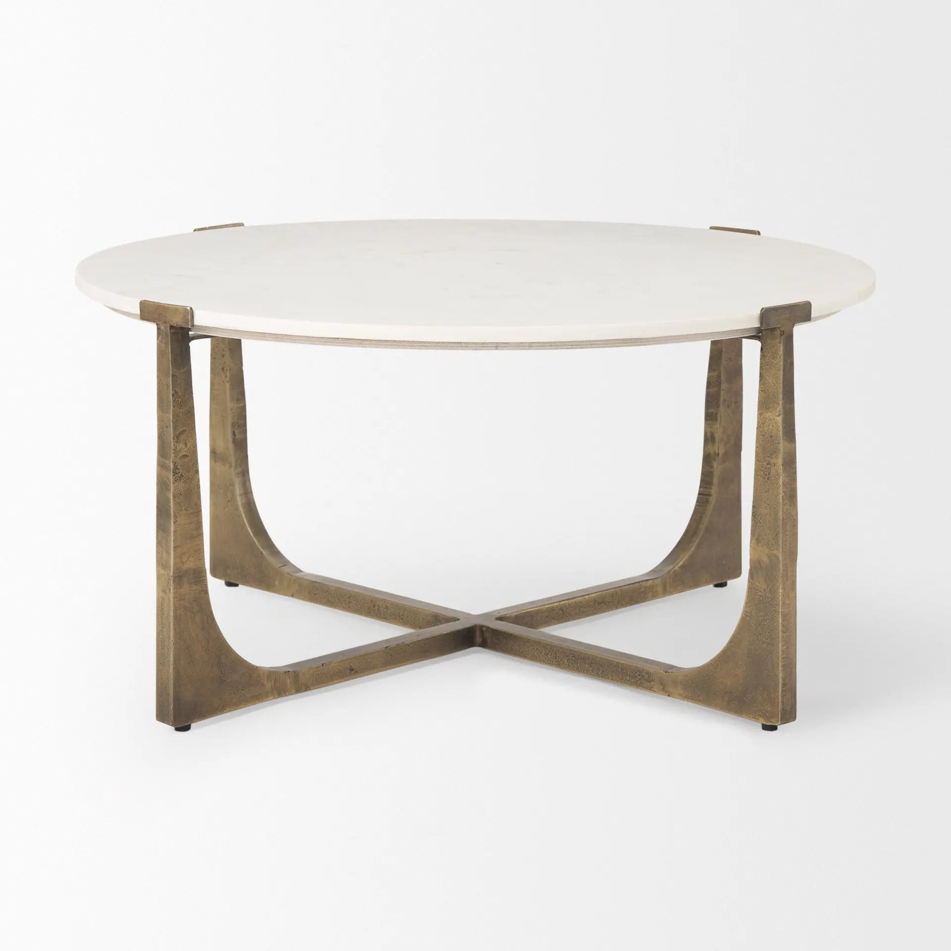 34" White and Gold Stone and Iron Round Frame Coffee Table Homeroots Living Room