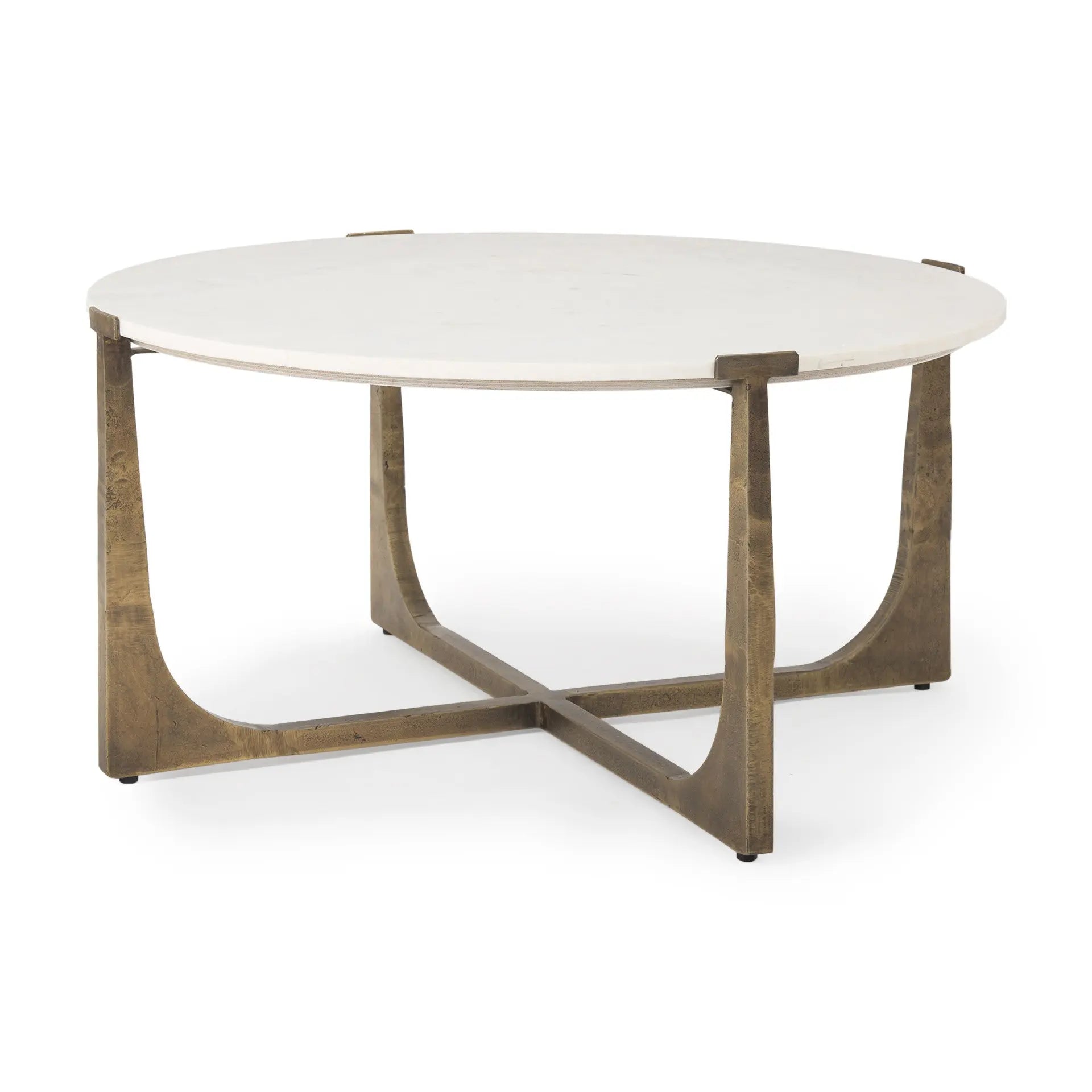 34" White and Gold Stone and Iron Round Frame Coffee Table Homeroots Living Room