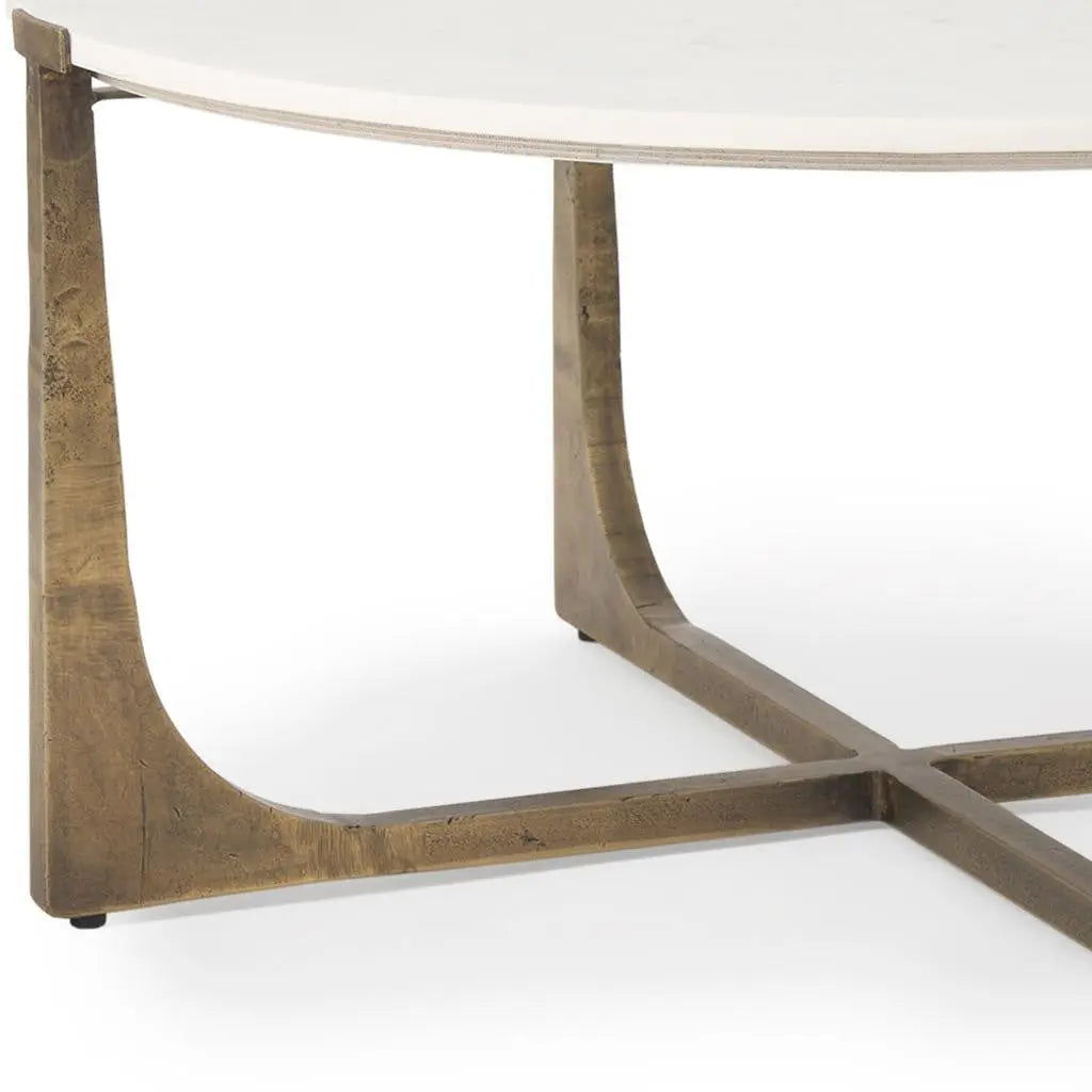 34" White and Gold Stone and Iron Round Frame Coffee Table Homeroots Living Room