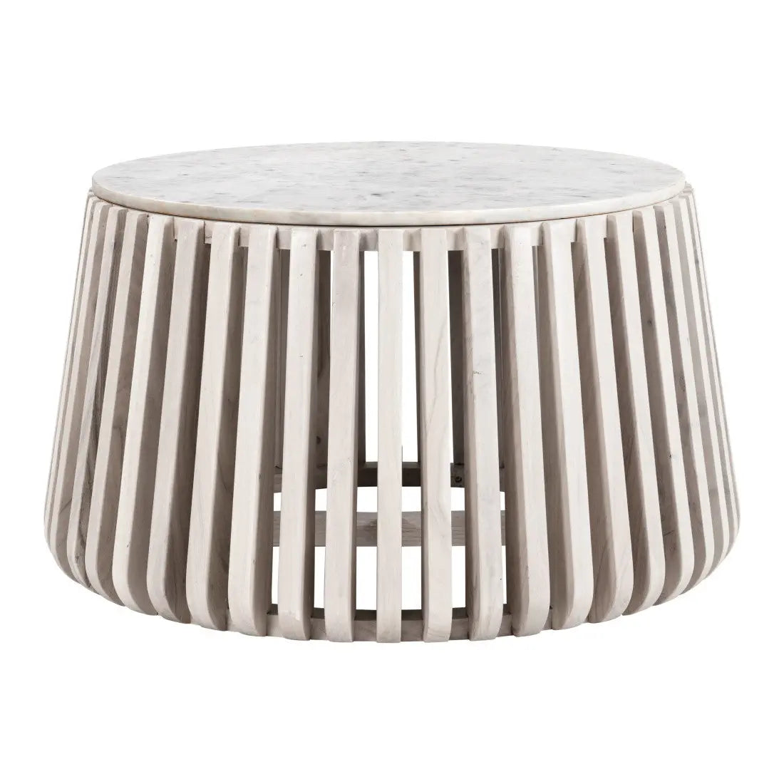 34" White and Natural Genuine Marble and Wood Round Drum Coffee Table Homeroots Living Room