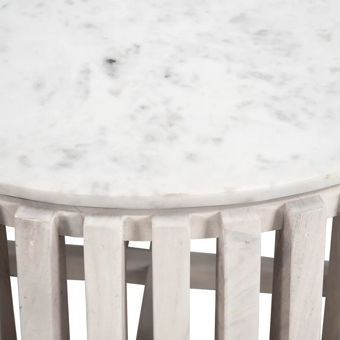 34" White and Natural Genuine Marble and Wood Round Drum Coffee Table Homeroots Living Room