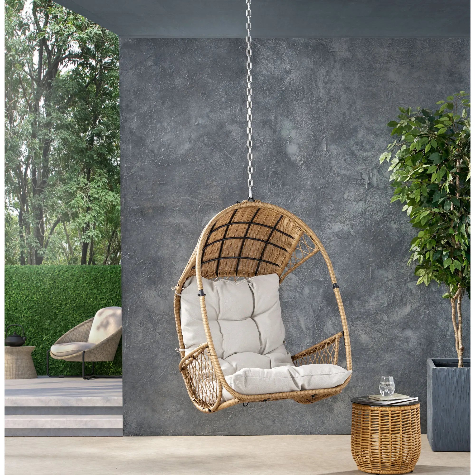 35" Beige Metal Outdoor Egg Chair with Gray Cushion Homeroots Outdoor