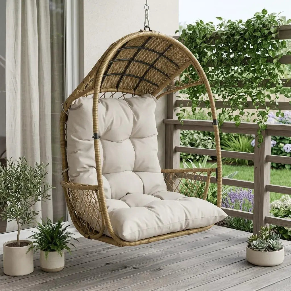 35" Beige Metal Outdoor Egg Chair with Gray Cushion Homeroots Outdoor