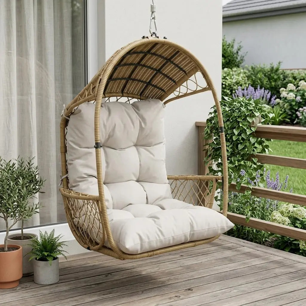 35" Beige Metal Outdoor Egg Chair with Gray Cushion Homeroots Outdoor
