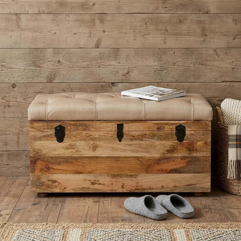 35" Beige and Brown Tufted Genuine Leather and Solid Wood Upholstered Storage Bench With Flip Top Homeroots Living Room