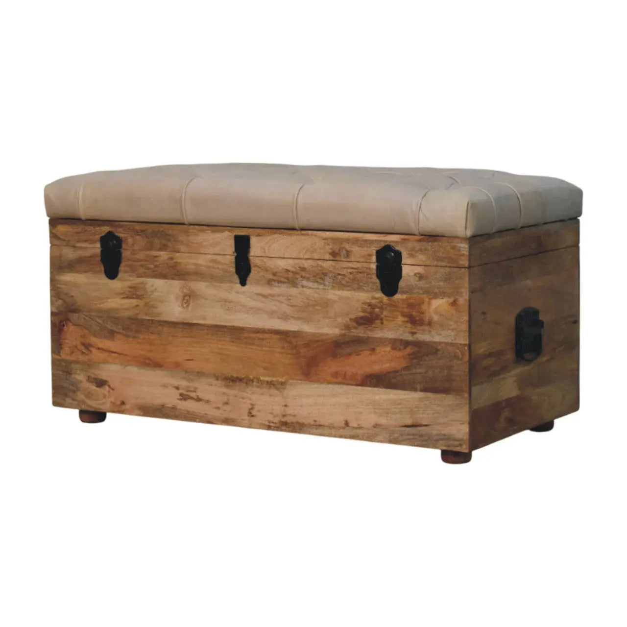 35" Beige and Brown Tufted Genuine Leather and Solid Wood Upholstered Storage Bench With Flip Top Homeroots Living Room
