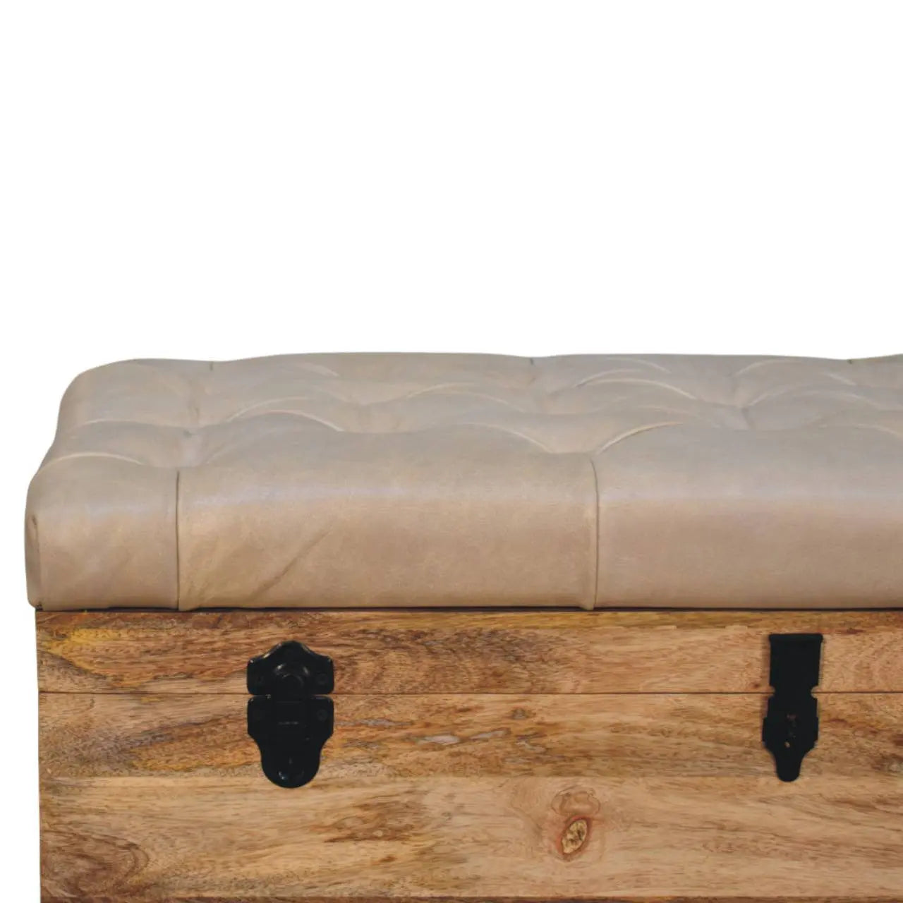 35" Beige and Brown Tufted Genuine Leather and Solid Wood Upholstered Storage Bench With Flip Top Homeroots Living Room