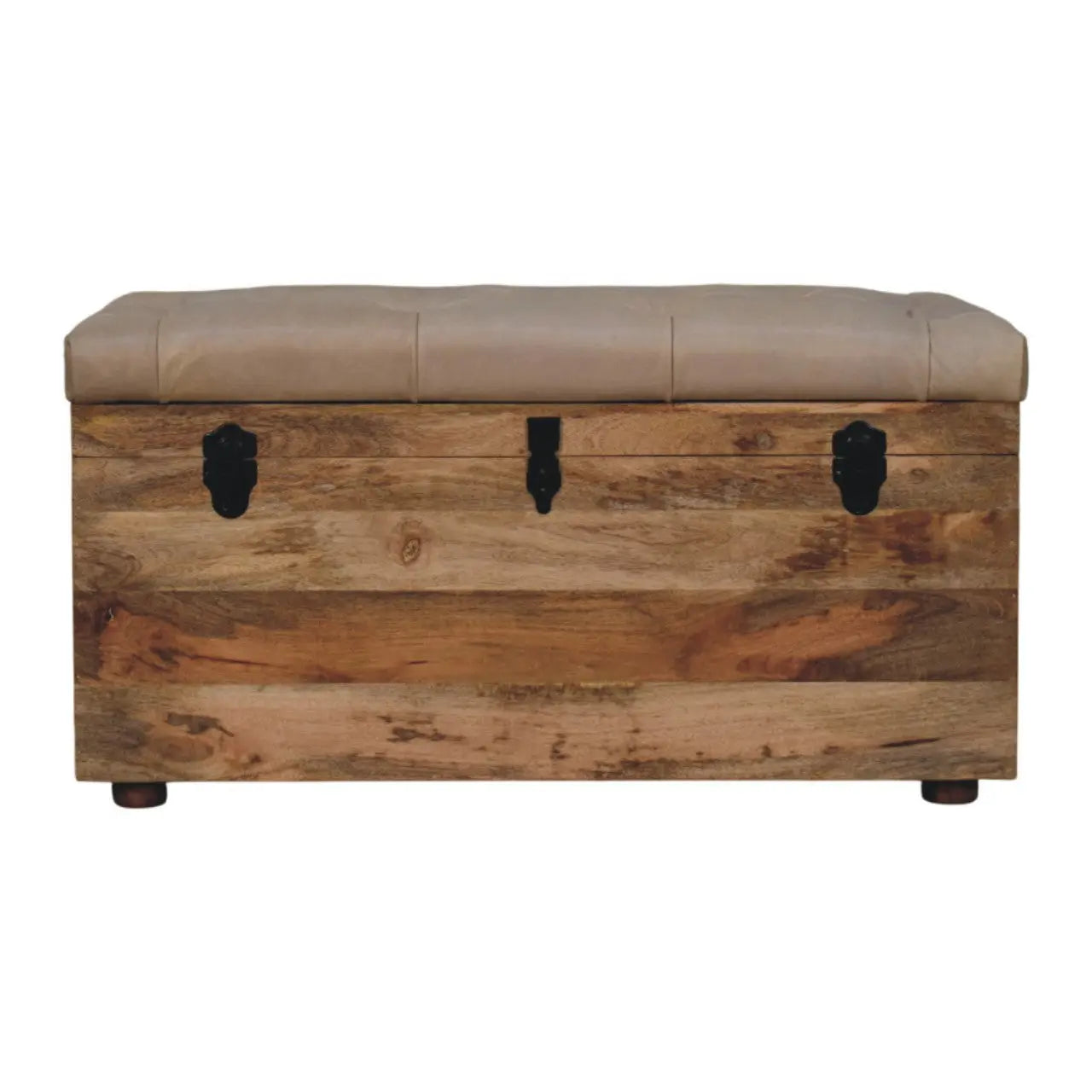 35" Beige and Brown Tufted Genuine Leather and Solid Wood Upholstered Storage Bench With Flip Top Homeroots Living Room