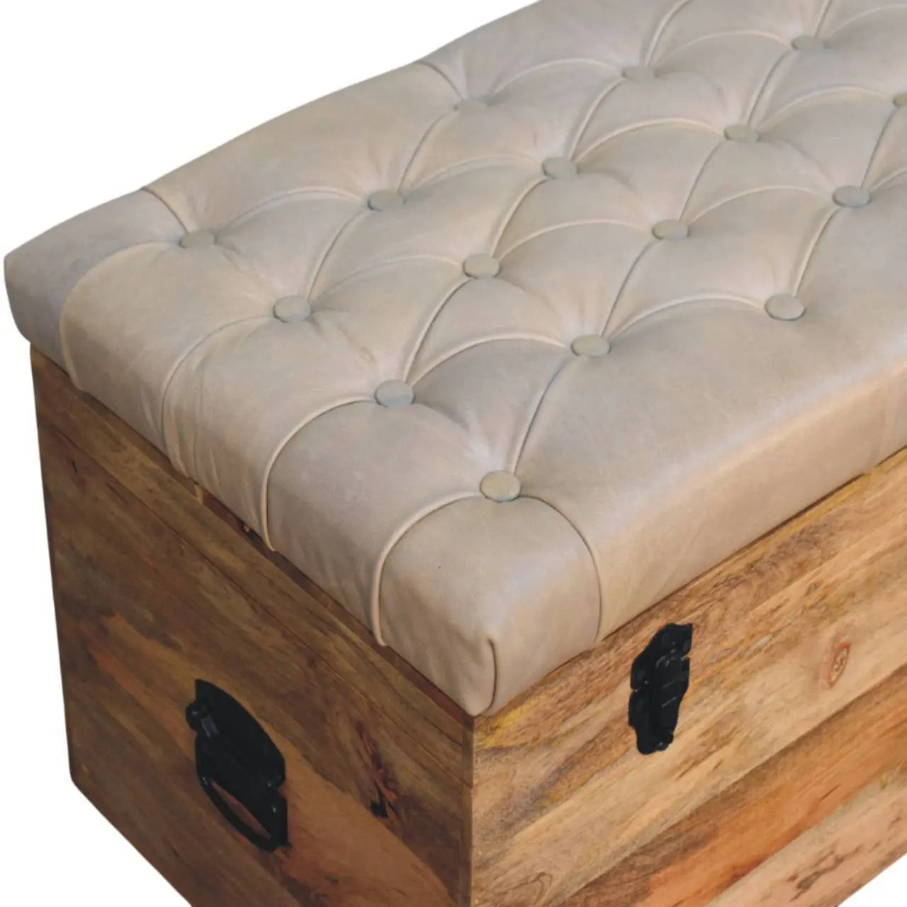35" Beige and Brown Tufted Genuine Leather and Solid Wood Upholstered Storage Bench With Flip Top Homeroots Living Room