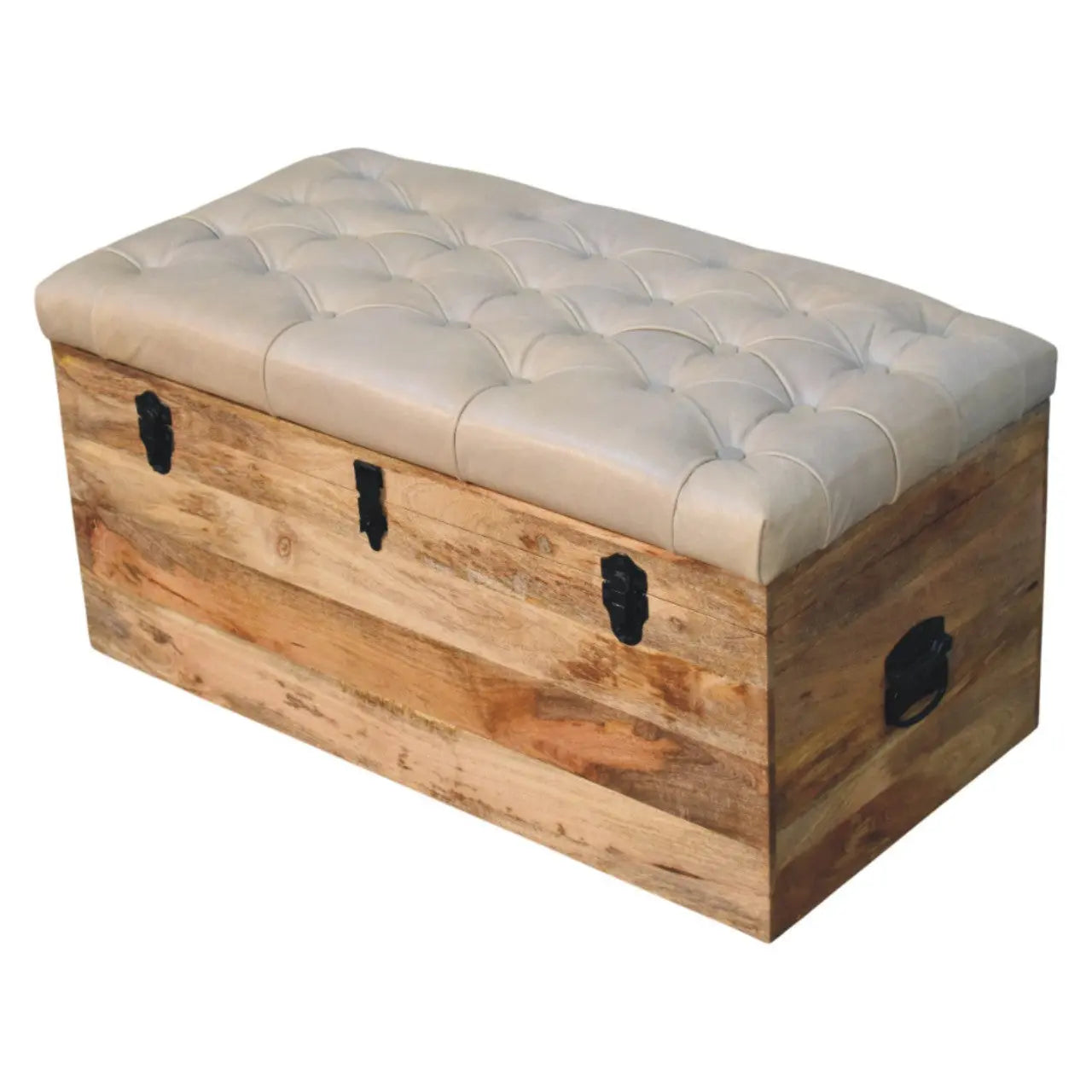 35" Beige and Brown Tufted Genuine Leather and Solid Wood Upholstered Storage Bench With Flip Top Homeroots Living Room