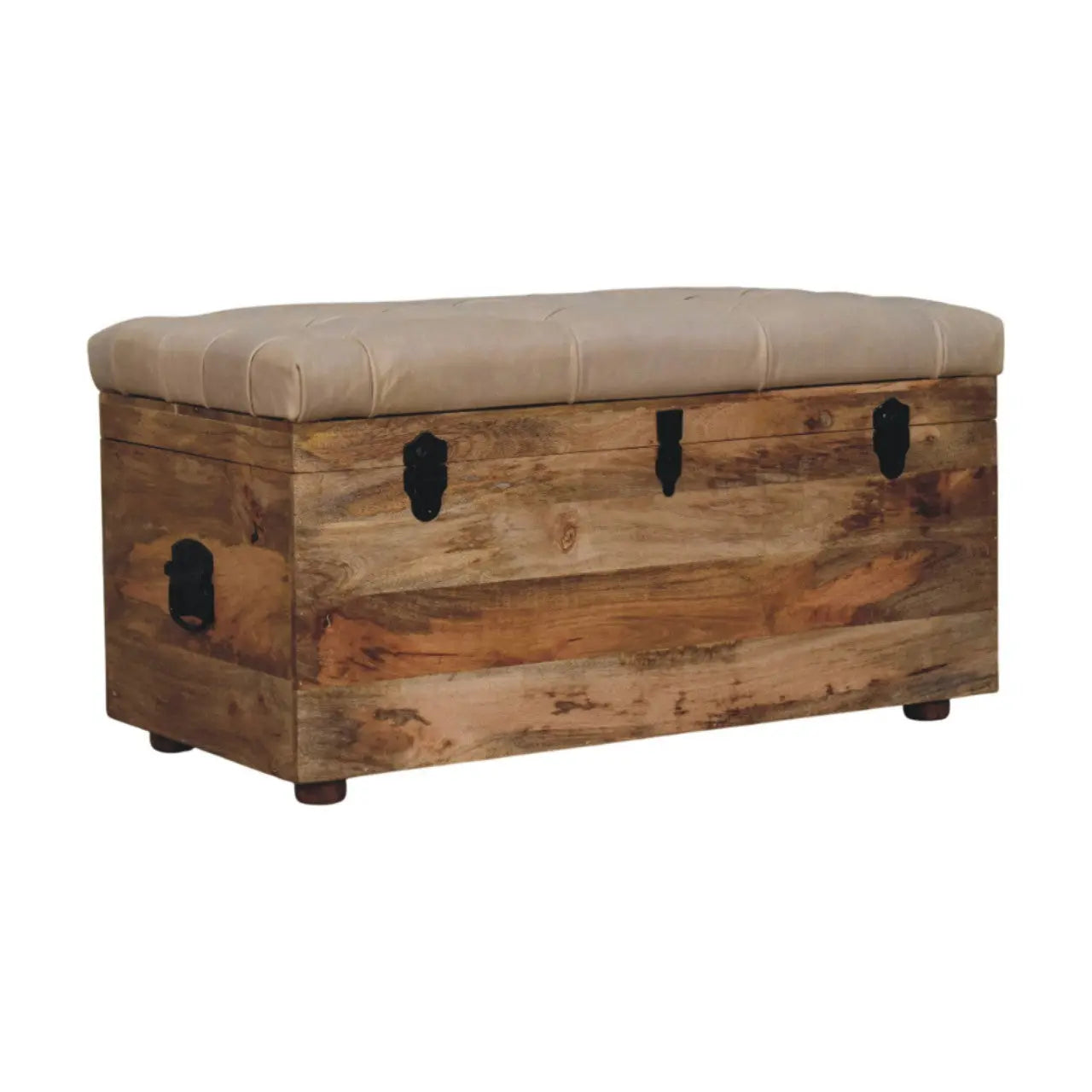 35" Beige and Brown Tufted Genuine Leather and Solid Wood Upholstered Storage Bench With Flip Top Homeroots Living Room