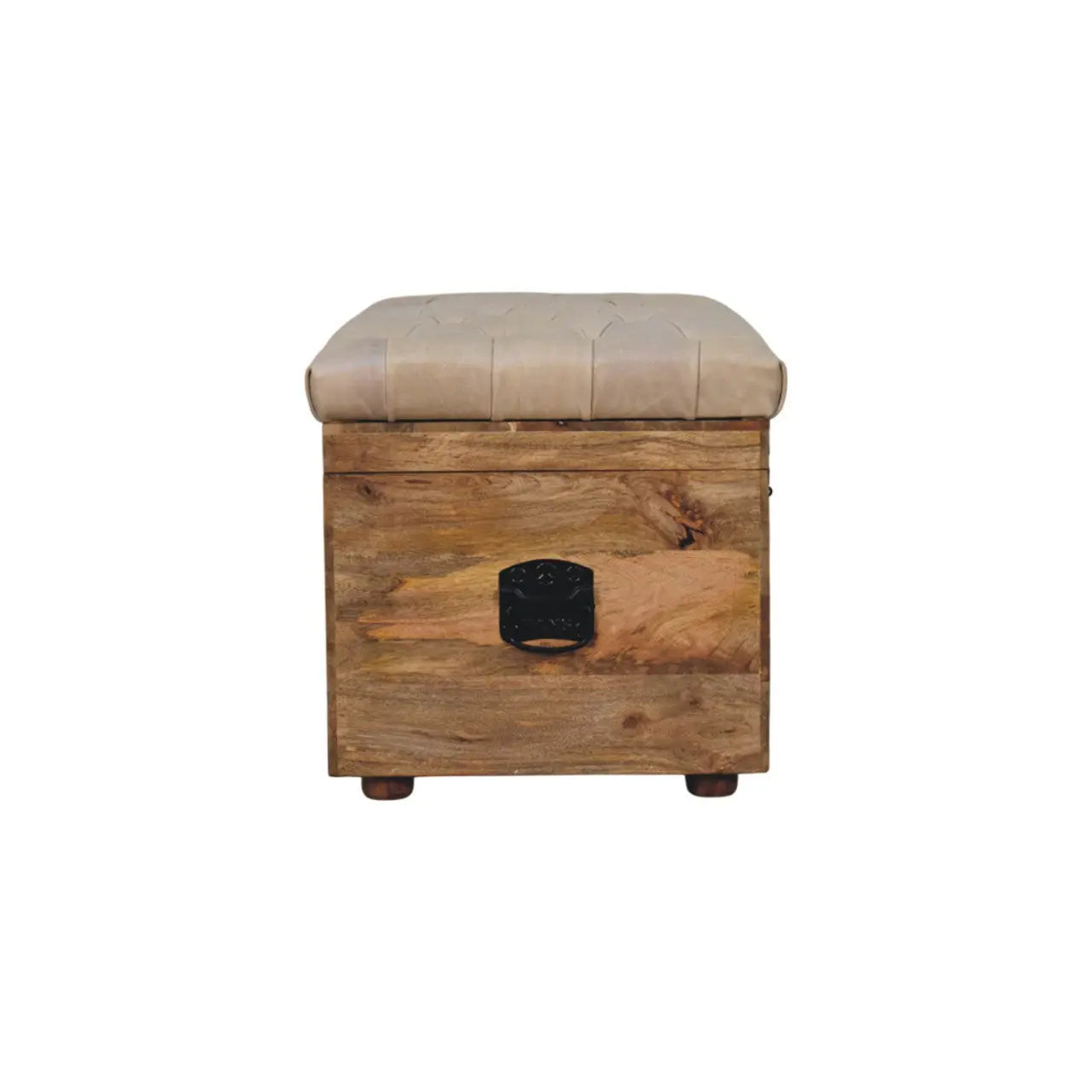 35" Beige and Brown Tufted Genuine Leather and Solid Wood Upholstered Storage Bench With Flip Top Homeroots Living Room