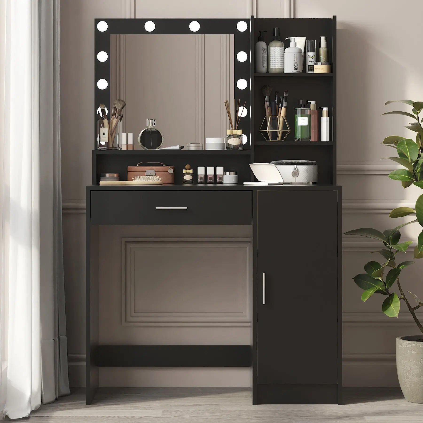 35" Black Wood Mirrored Vanity Table And Lights Homeroots Living Room