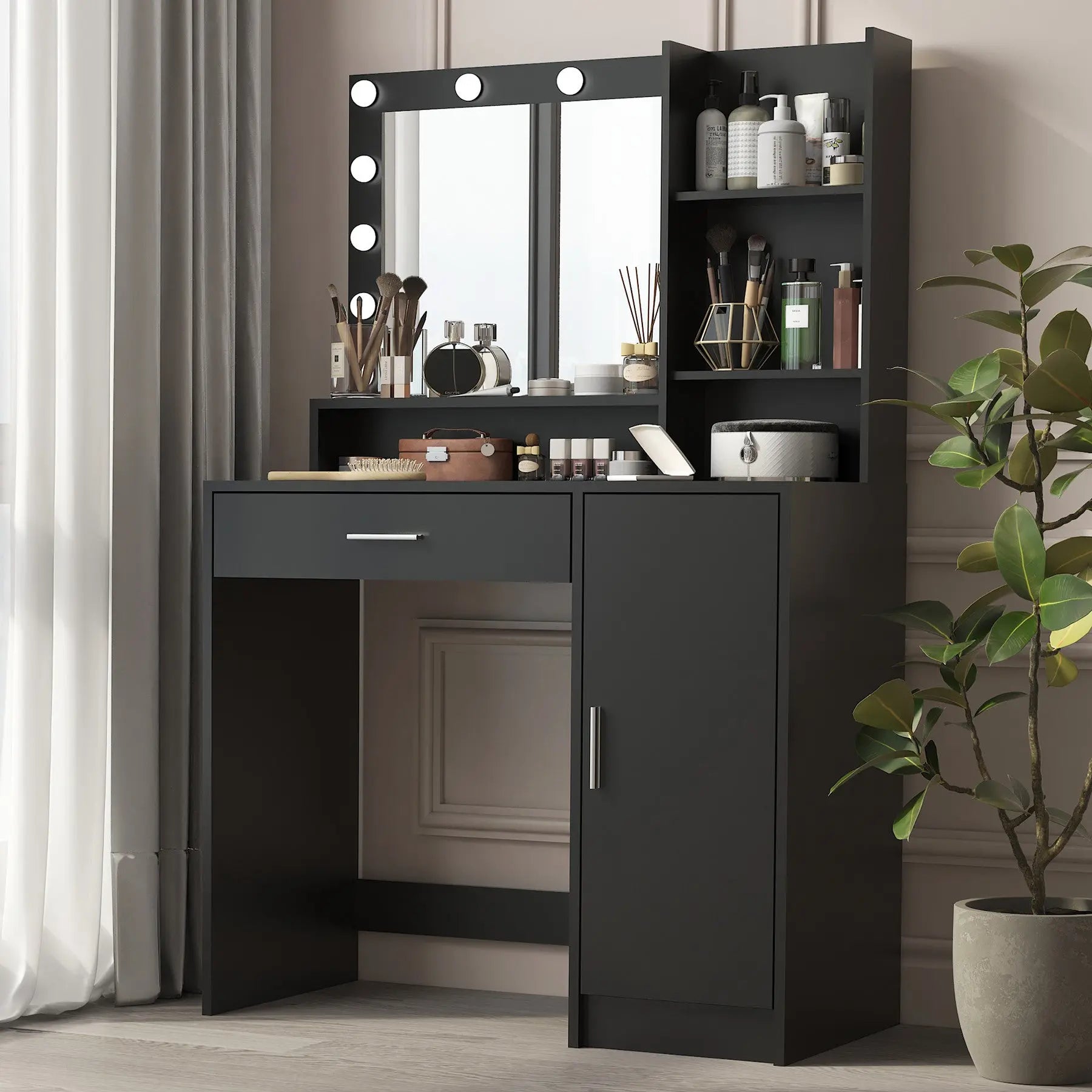 35" Black Wood Mirrored Vanity Table And Lights Homeroots Living Room