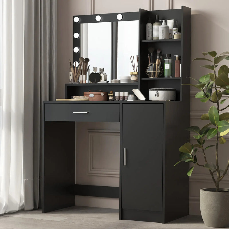 35" Black Wood Mirrored Vanity Table And Lights Homeroots Living Room