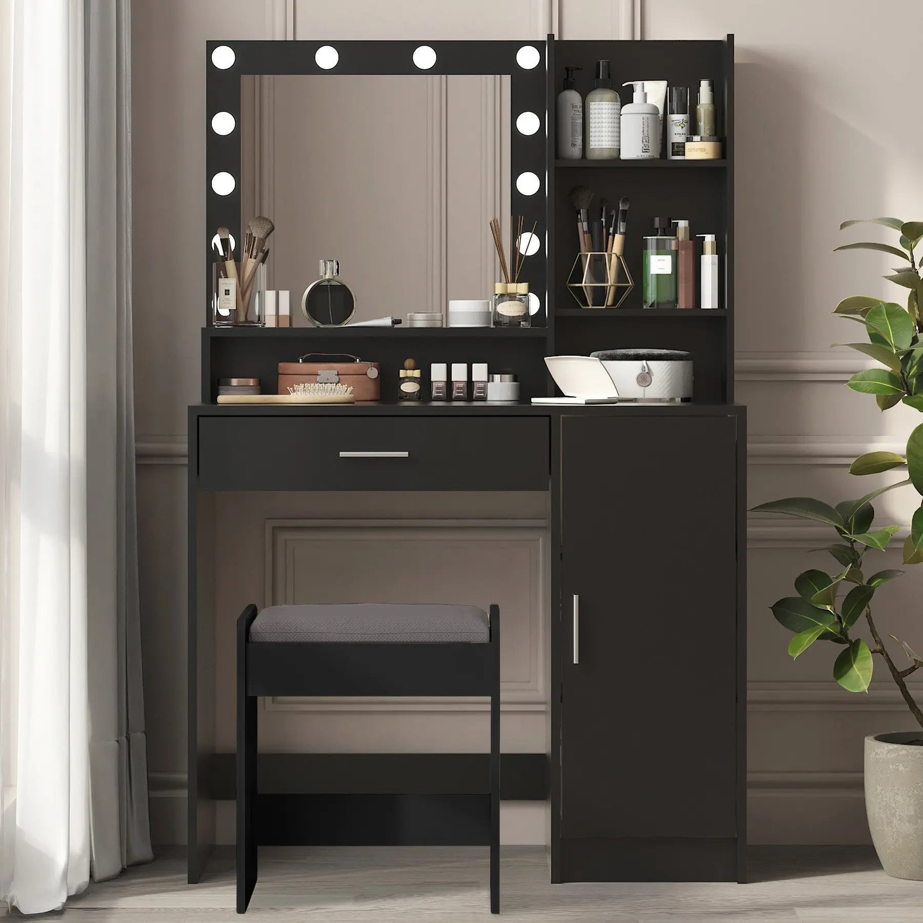 35" Black Wood Mirrored Vanity Table And Lights Homeroots Living Room