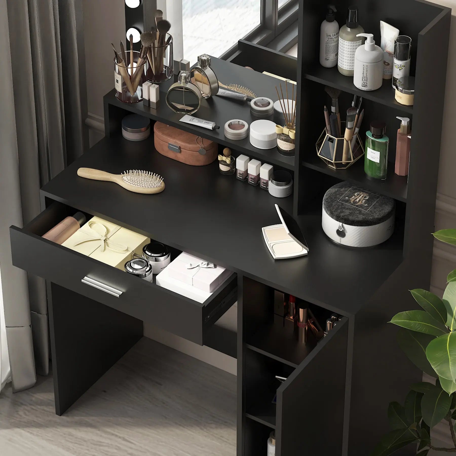 35" Black Wood Mirrored Vanity Table And Lights Homeroots Living Room