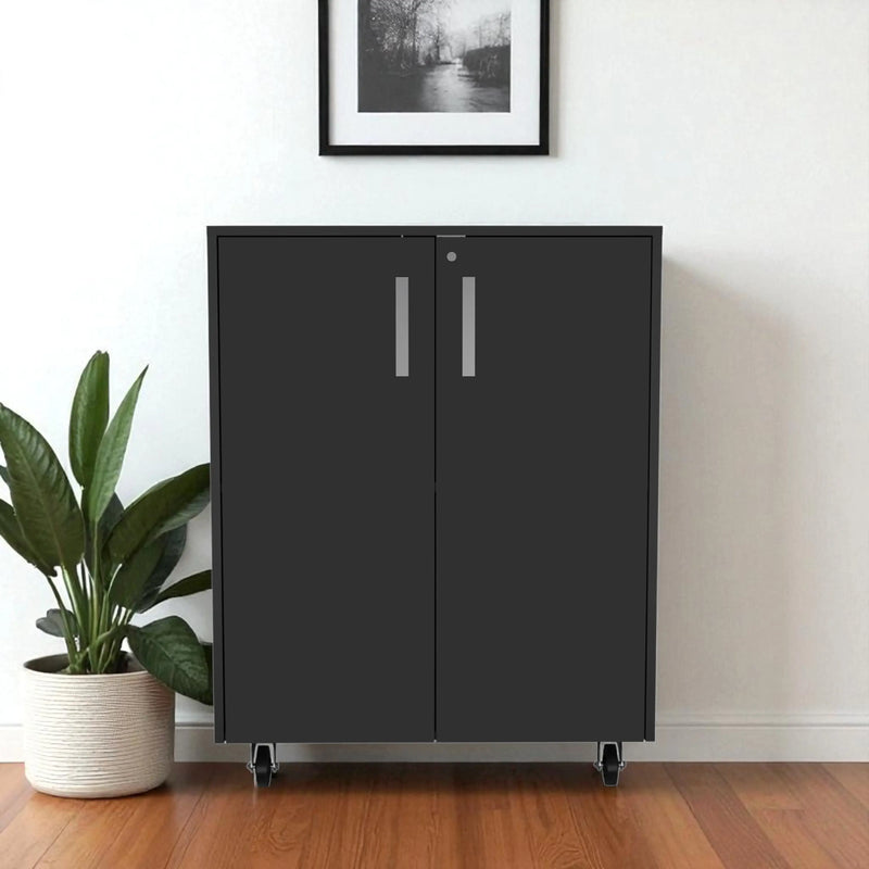 35" Black Wood Rolling Storage Cabinet With Two Doors - GreatEagleInc