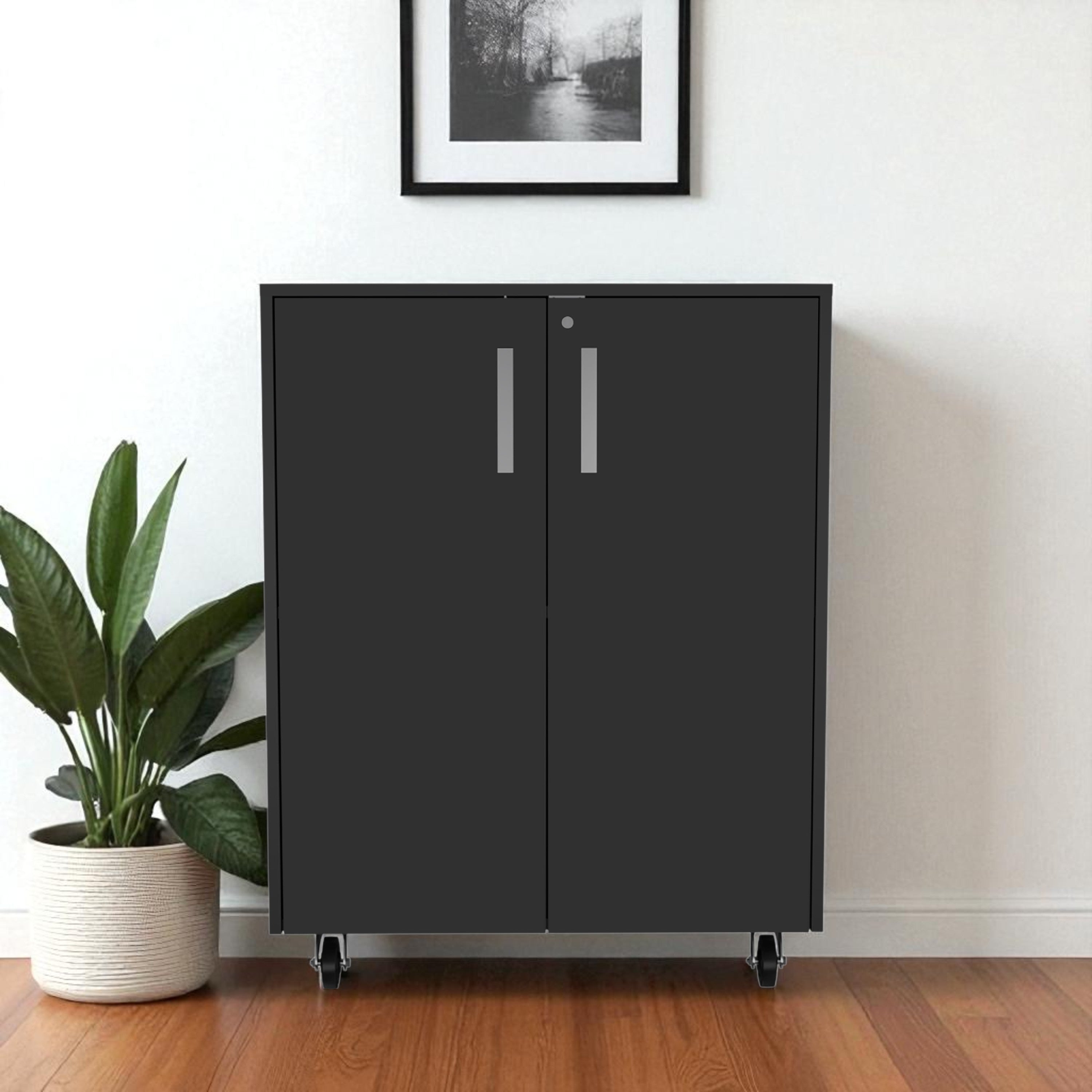35" Black Wood Rolling Storage Cabinet With Two Doors - GreatEagleInc
