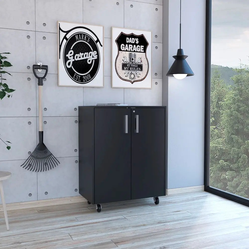 35" Black Wood Rolling Storage Cabinet With Two Doors - GreatEagleInc
