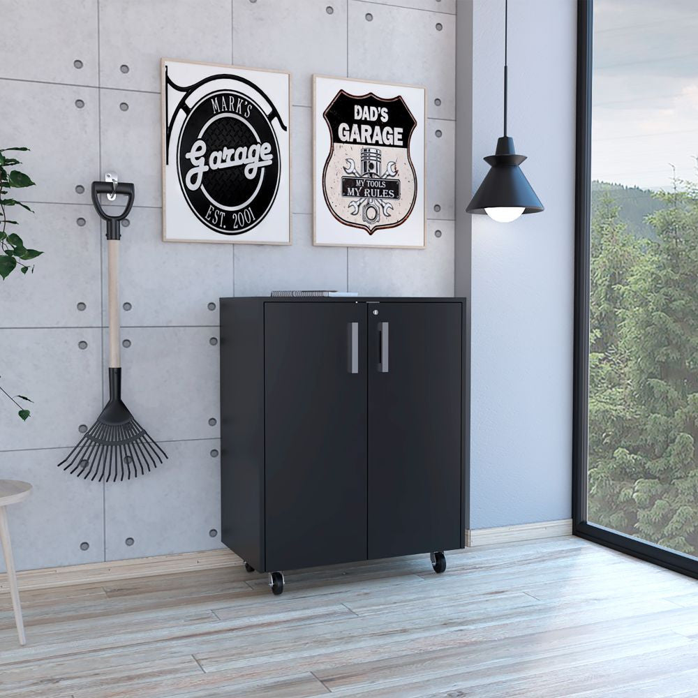 35" Black Wood Rolling Storage Cabinet With Two Doors - GreatEagleInc