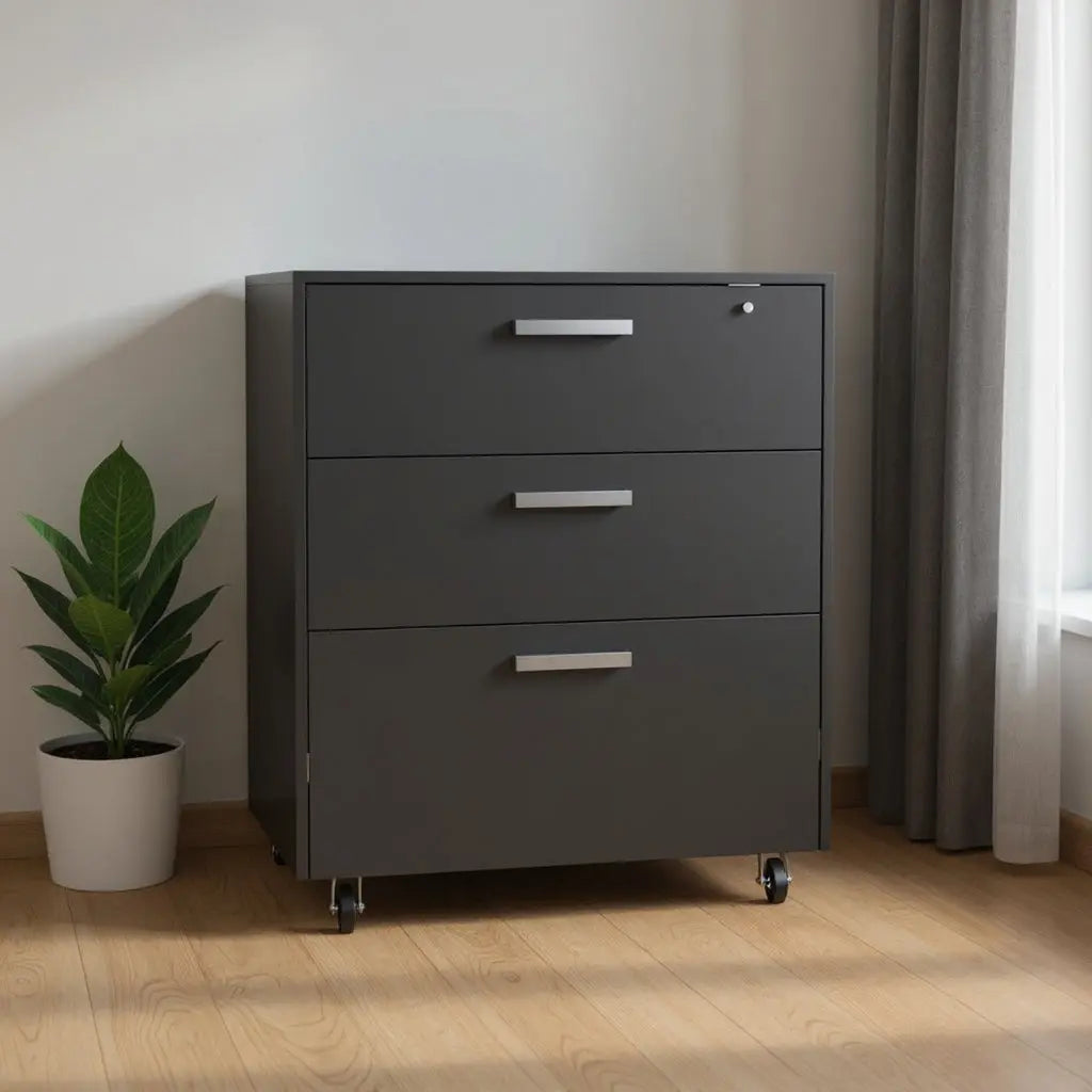 35" Black Wood Three Drawers Filing Cabinet - GreatEagleInc