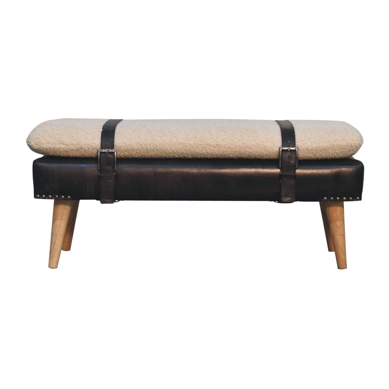35" Black and Brown Genuine Leather and Solid Wood Upholstered Bench Homeroots Living Room