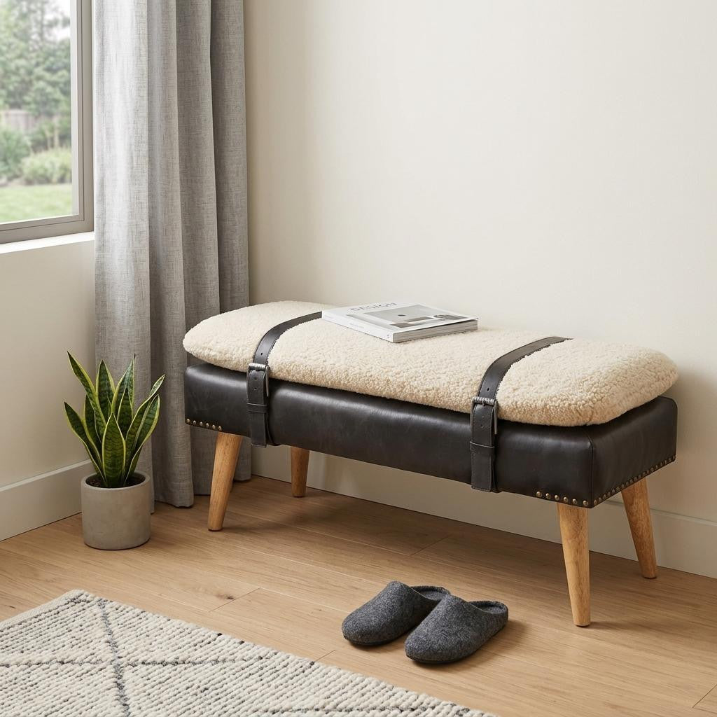 35" Black and Brown Genuine Leather and Solid Wood Upholstered Bench Homeroots Living Room