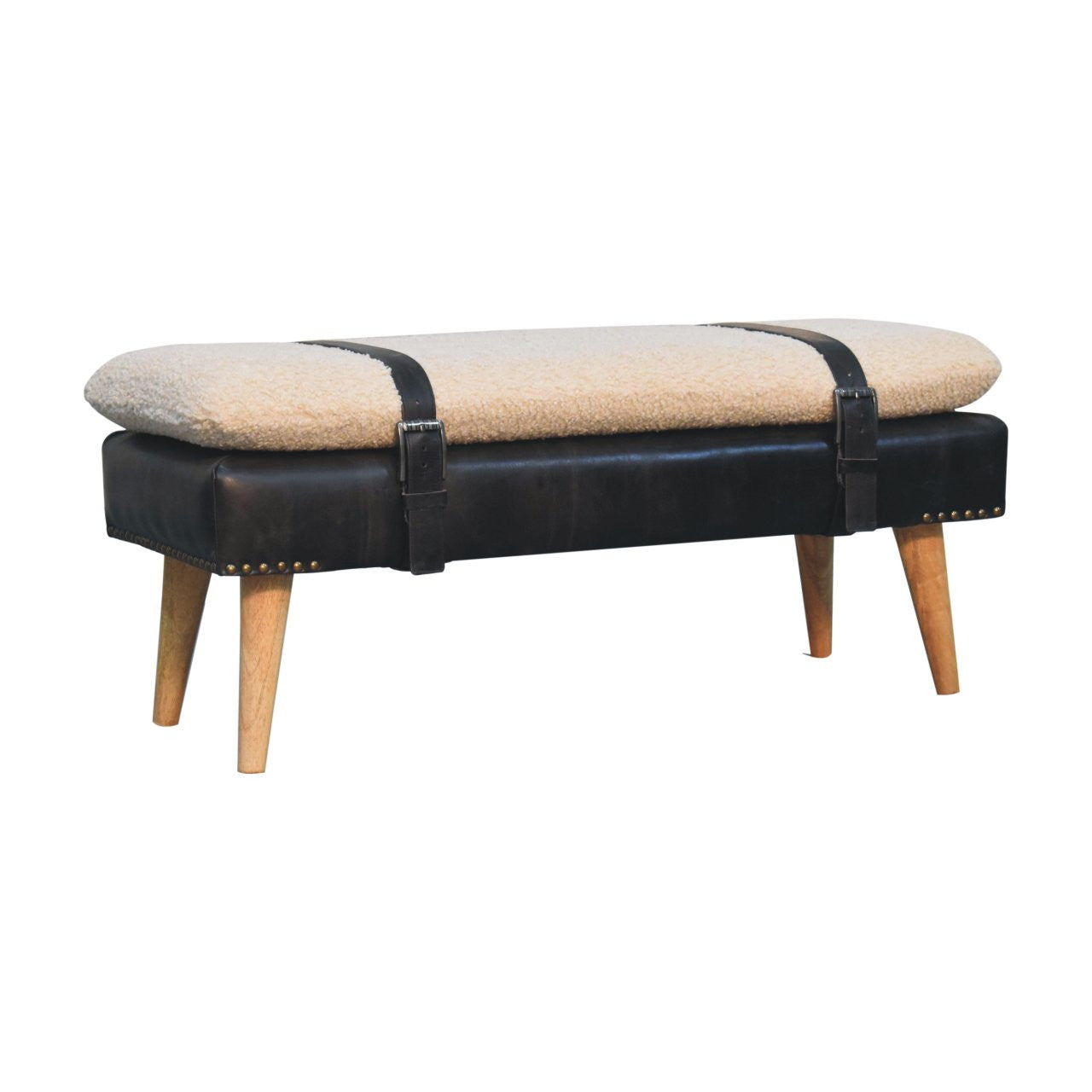 35" Black and Brown Genuine Leather and Solid Wood Upholstered Bench Homeroots Living Room