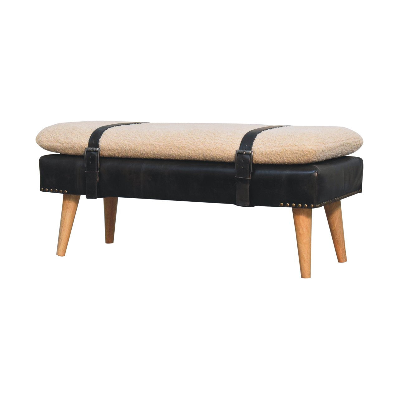 35" Black and Brown Genuine Leather and Solid Wood Upholstered Bench Homeroots Living Room