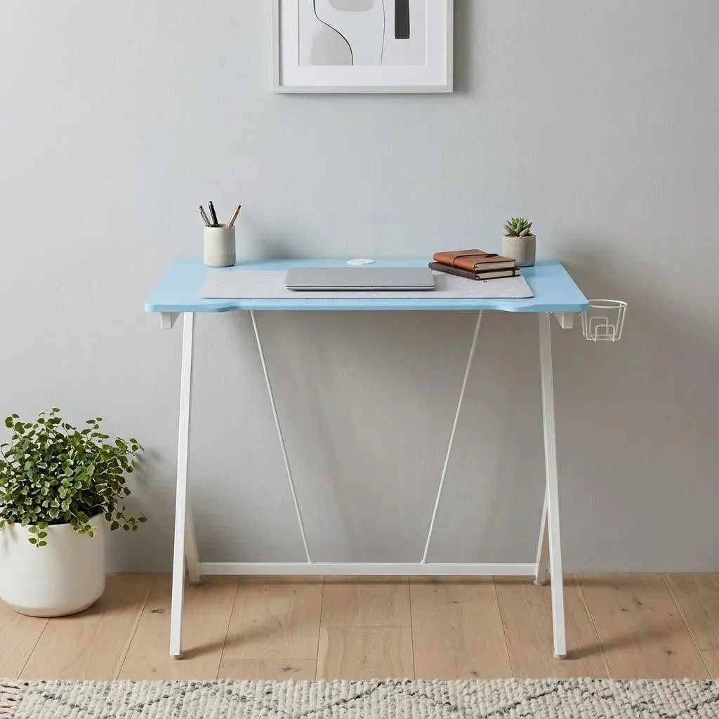 35" Blue Wood and Stainless Steel Computer Desk Homeroots
