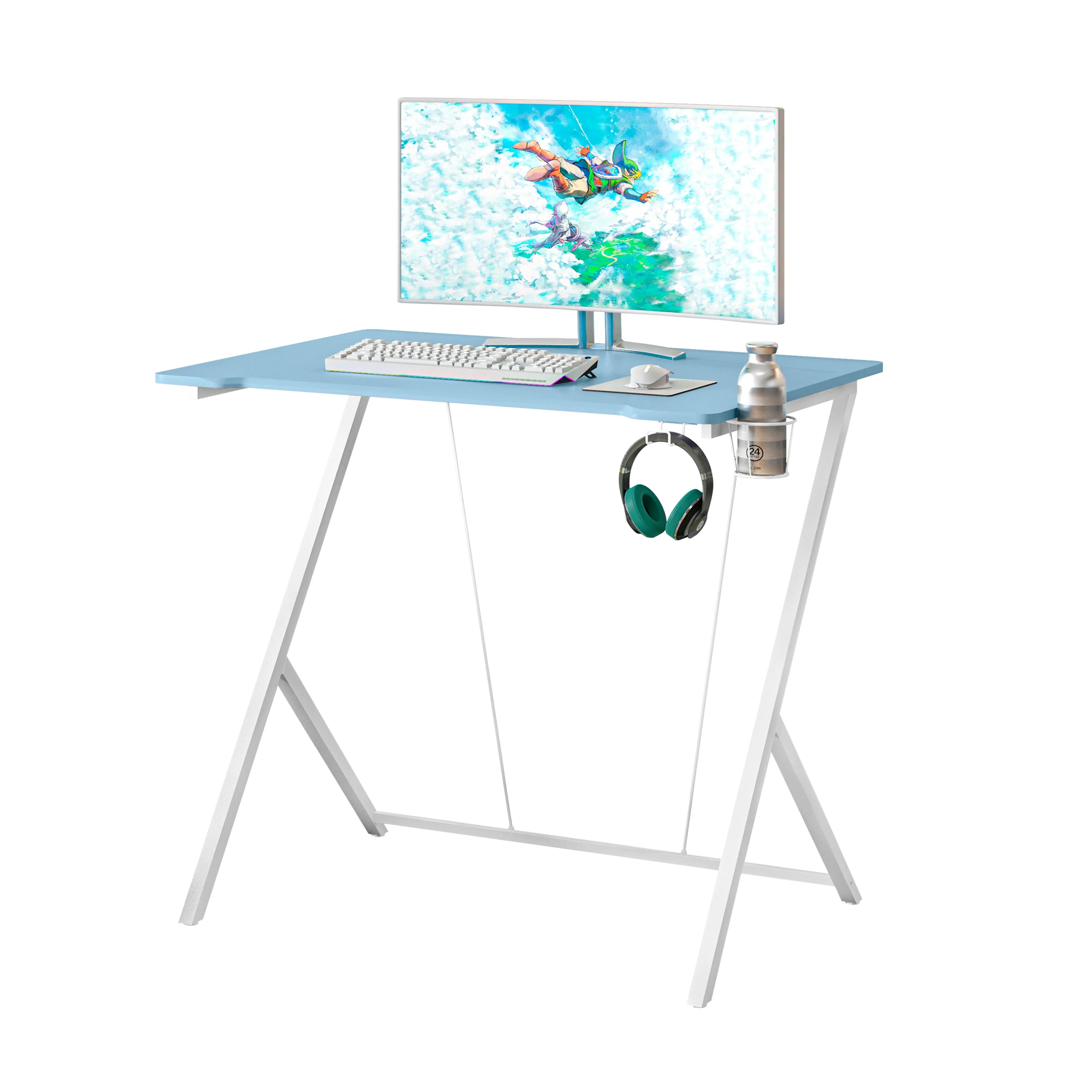 35" Blue Wood and Stainless Steel Computer Desk Homeroots