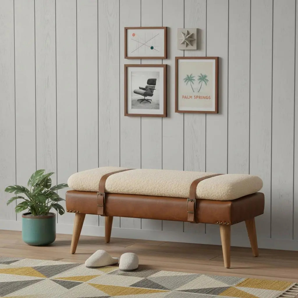 35" Brown Genuine Leather and Solid Wood Upholstered Storage Bench With Cabinet Homeroots Living Room