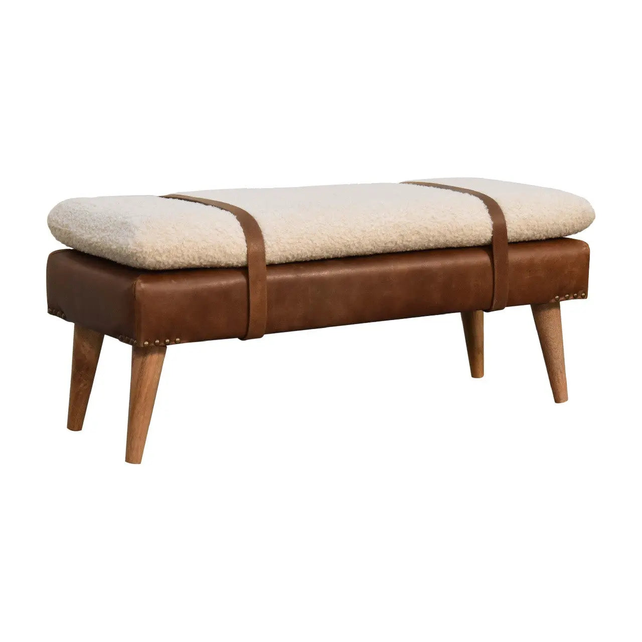 35" Brown Genuine Leather and Solid Wood Upholstered Storage Bench With Cabinet Homeroots Living Room
