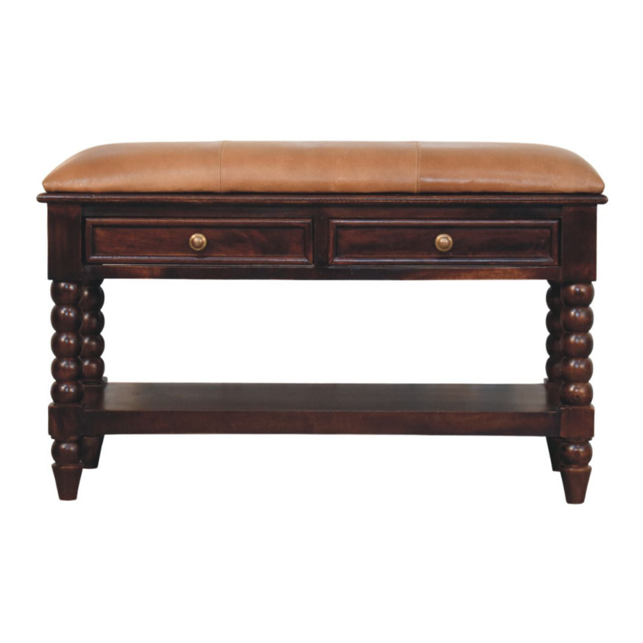 35" Brown Genuine Leather and Solid Wood Upholstered Storage Bench With Shelves Homeroots Living Room