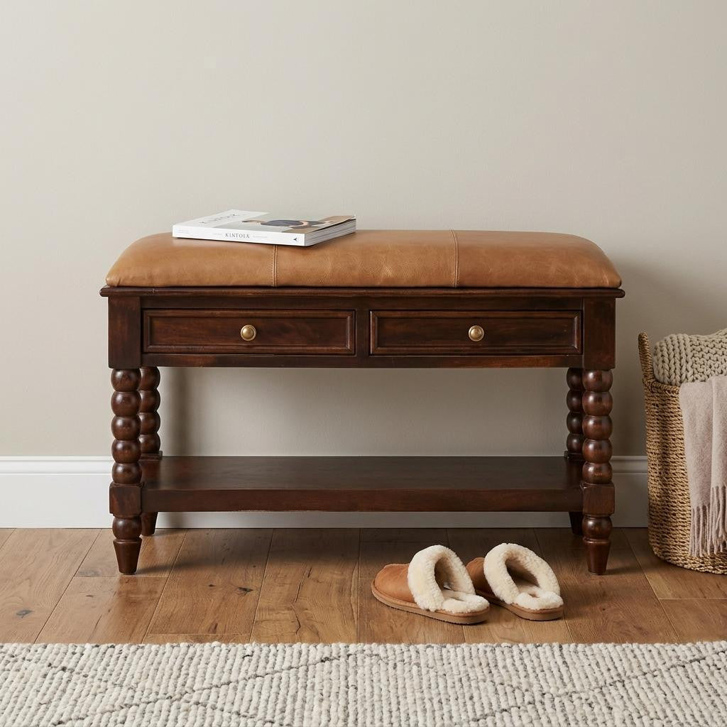 35" Brown Genuine Leather and Solid Wood Upholstered Storage Bench With Shelves Homeroots Living Room