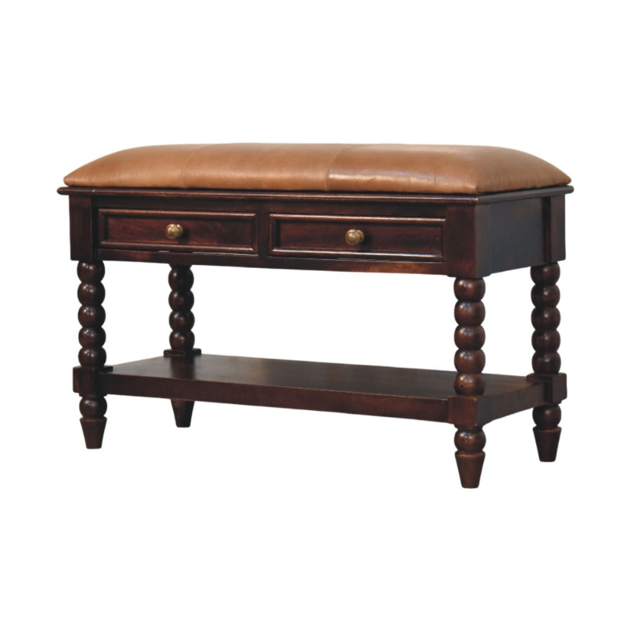 35" Brown Genuine Leather and Solid Wood Upholstered Storage Bench With Shelves Homeroots Living Room