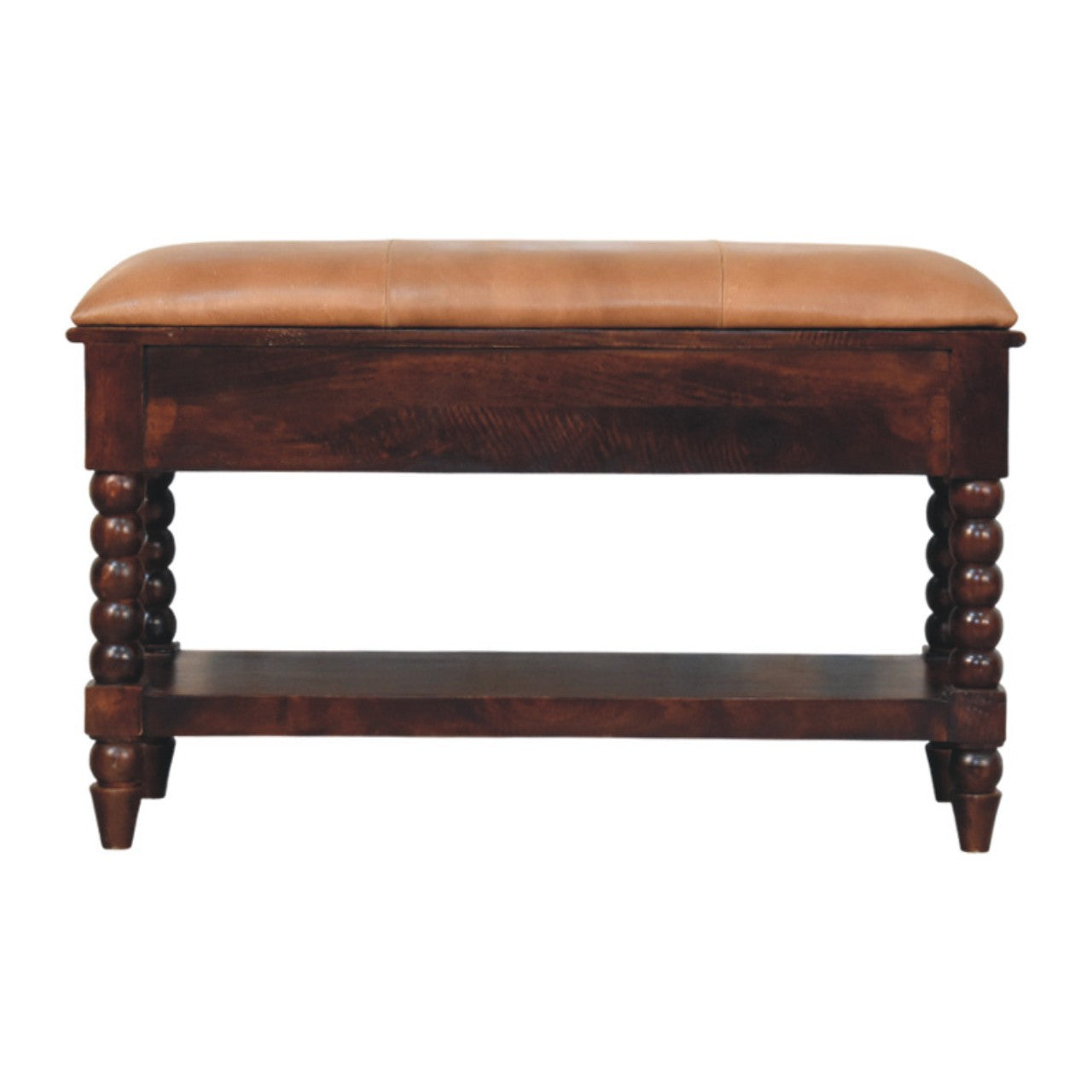 35" Brown Genuine Leather and Solid Wood Upholstered Storage Bench With Shelves Homeroots Living Room