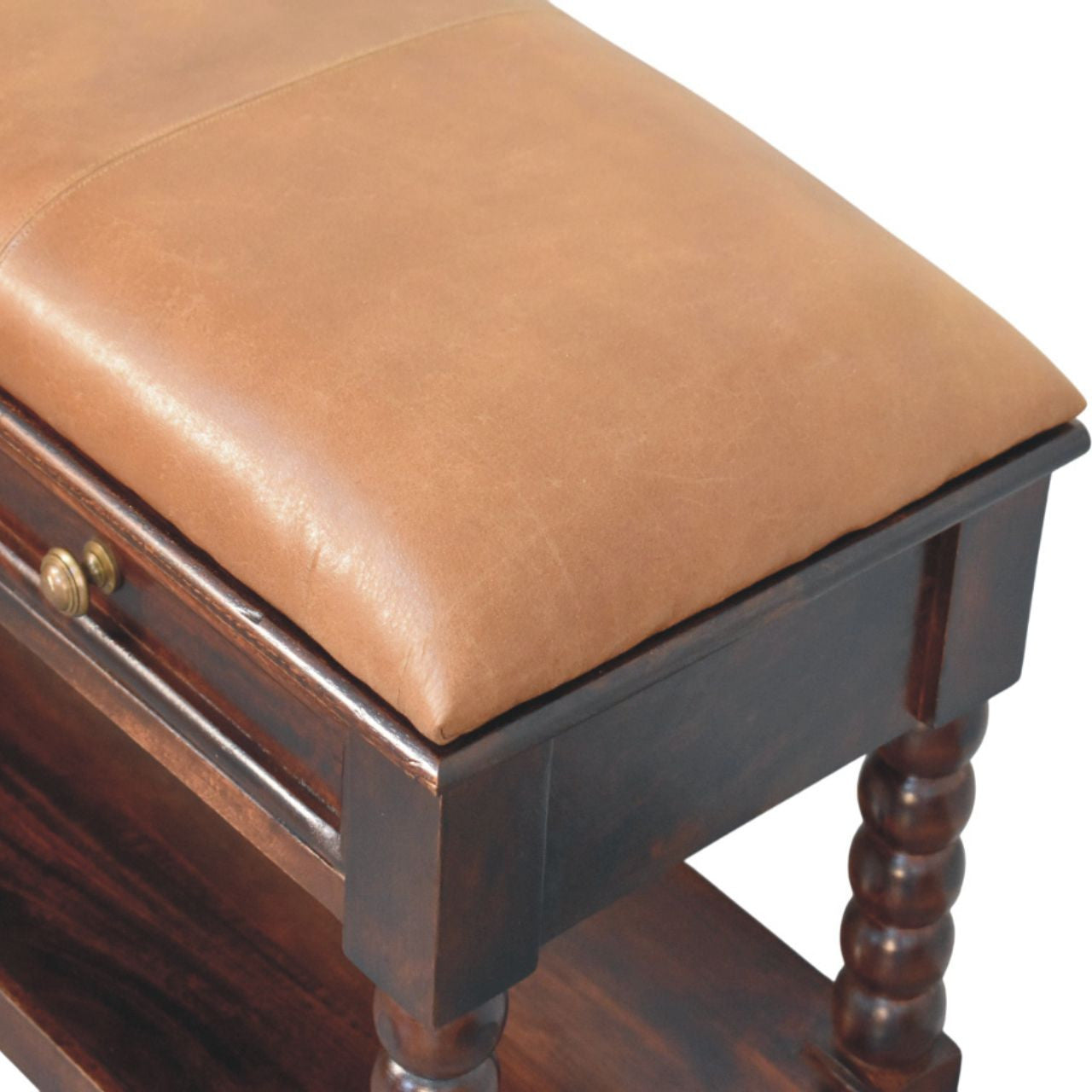 35" Brown Genuine Leather and Solid Wood Upholstered Storage Bench With Shelves Homeroots Living Room