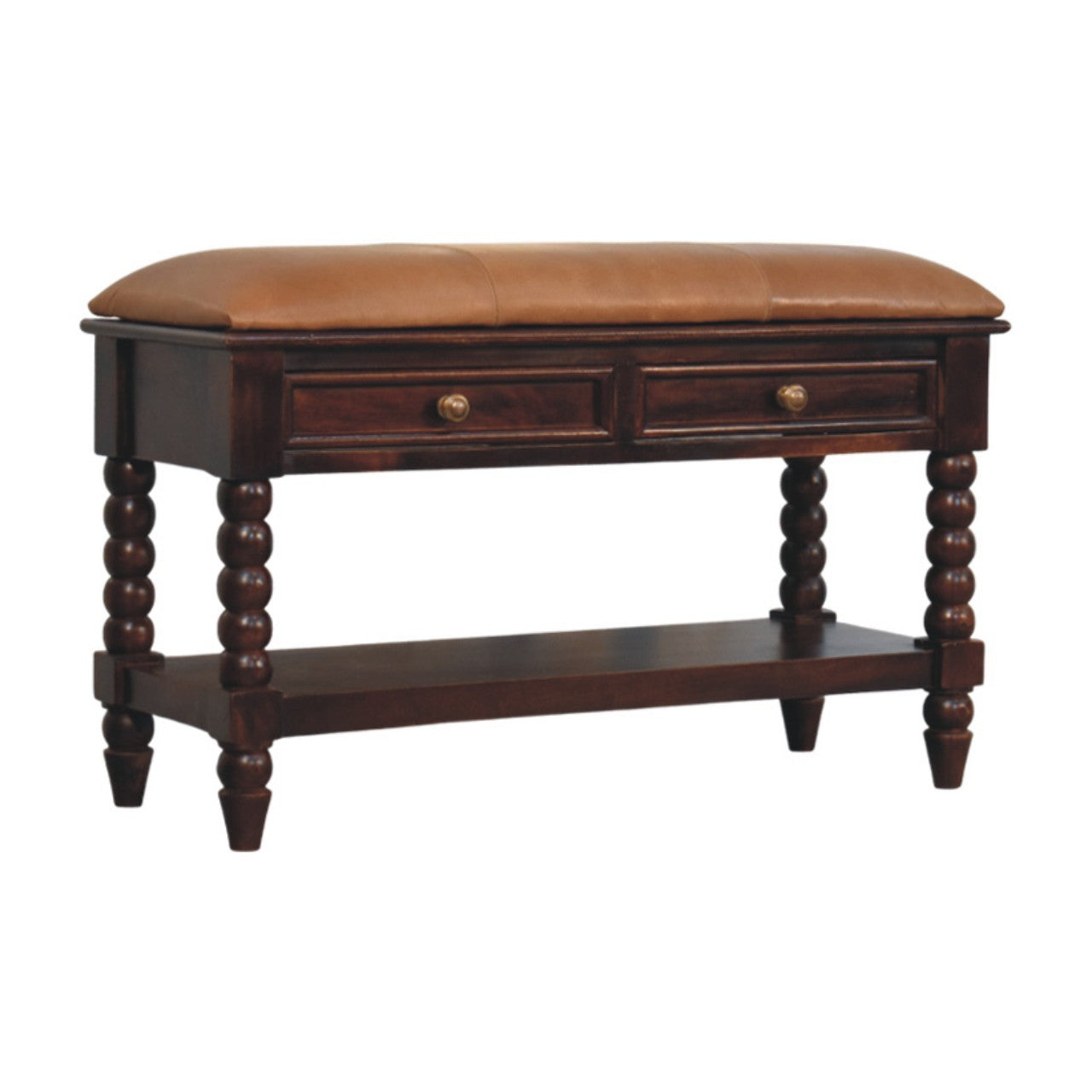 35" Brown Genuine Leather and Solid Wood Upholstered Storage Bench With Shelves Homeroots Living Room