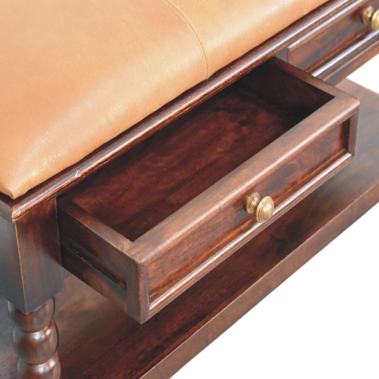 35" Brown Genuine Leather and Solid Wood Upholstered Storage Bench With Shelves Homeroots Living Room