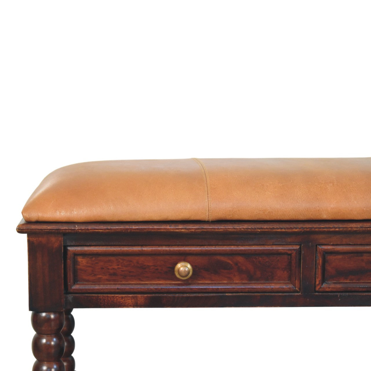 35" Brown Genuine Leather and Solid Wood Upholstered Storage Bench With Shelves Homeroots Living Room