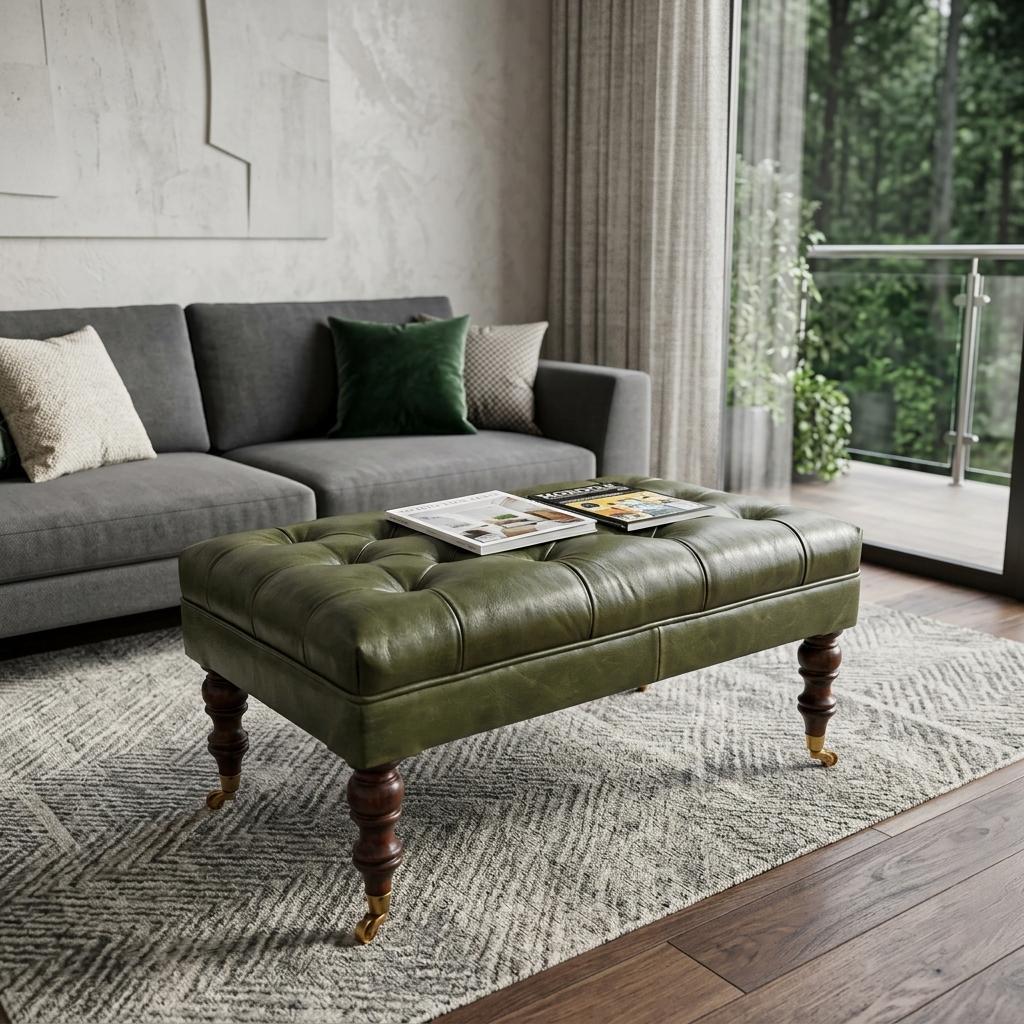 35" Brown Leather Round Footstool Homeroots Living Room