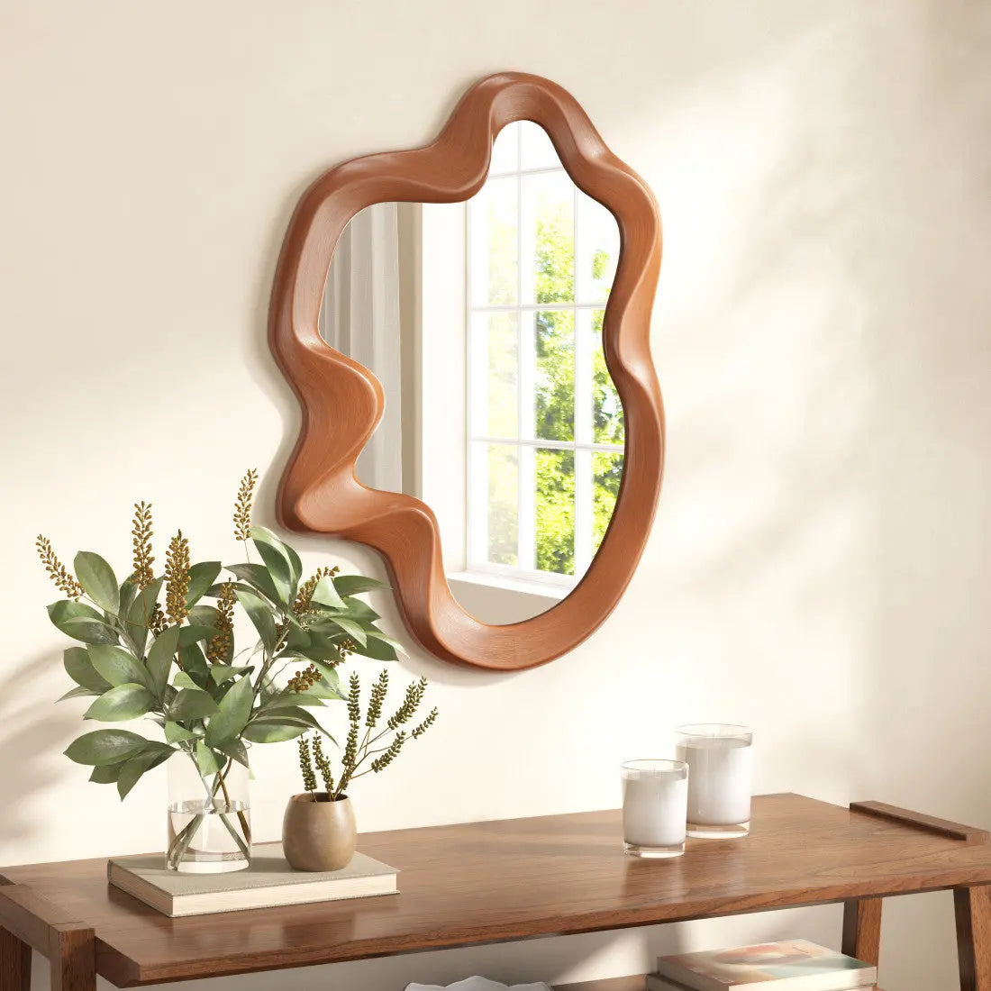 35" Brown Solid Wood Abstract Geometric Framed Accent Mirror Homeroots Bed & Bath